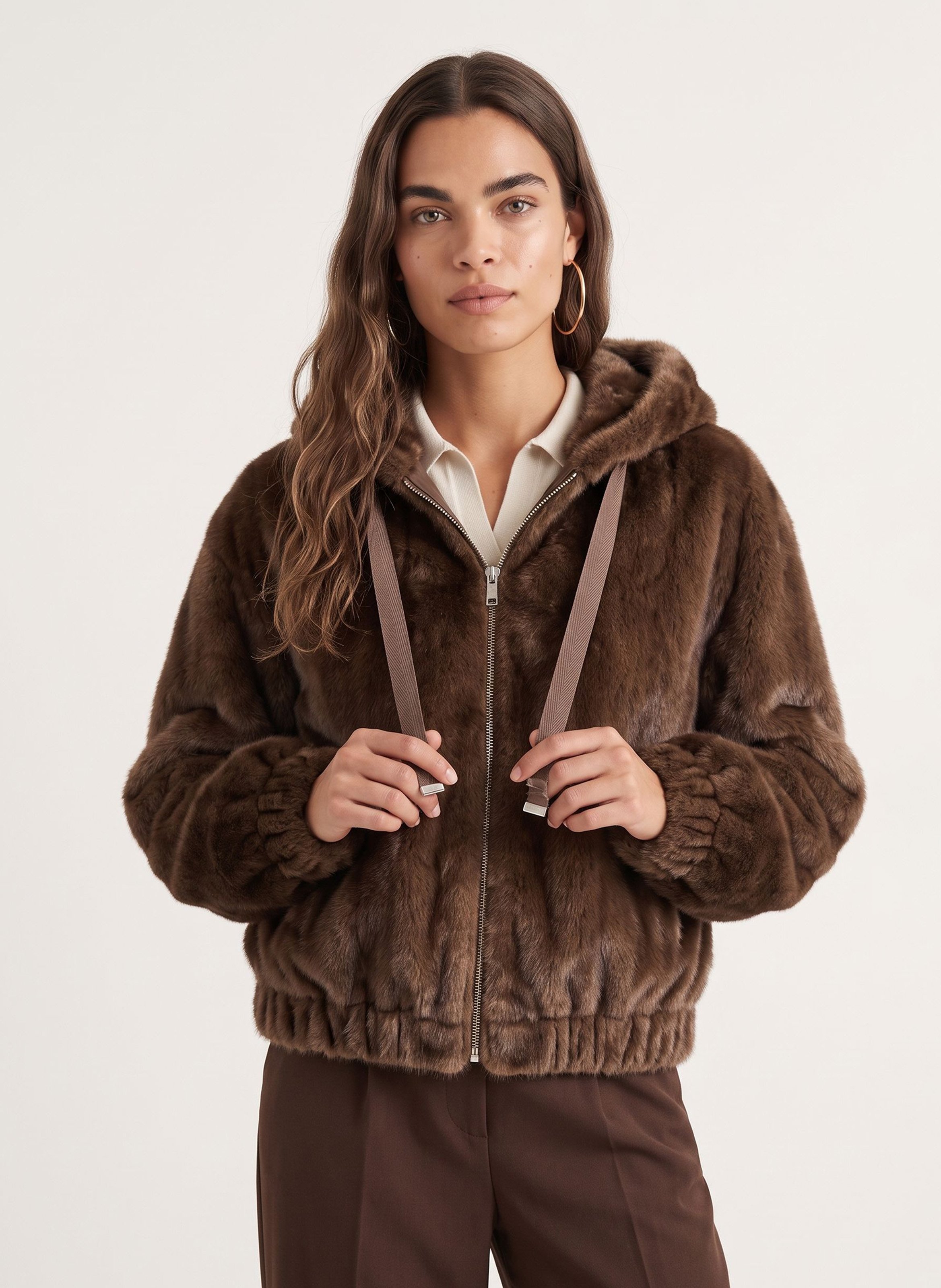 Veste droite à capuche effet fourrure KOOKAI Marron
