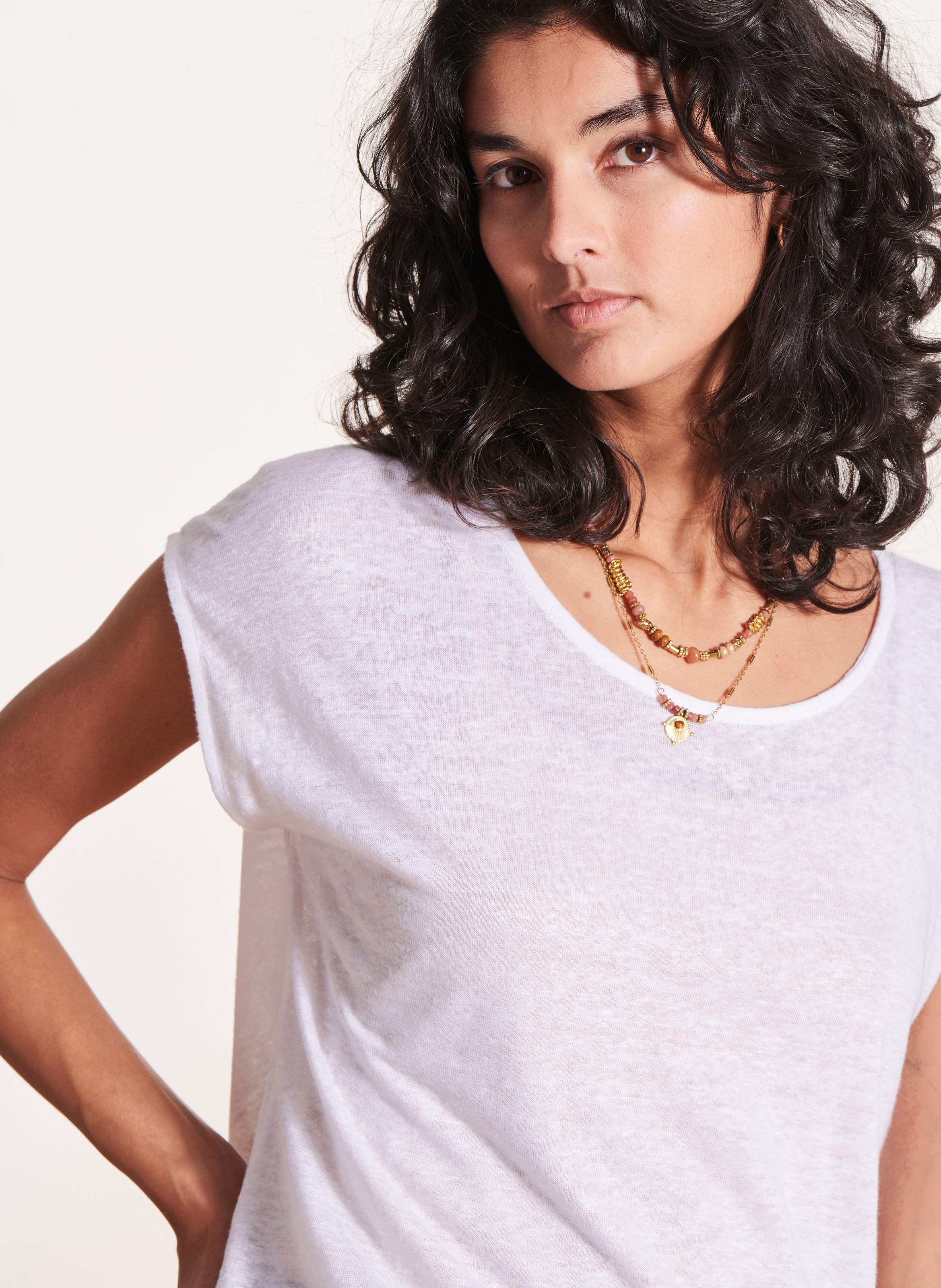 Straight-cut marled linen T-shirt LA FEE MARABOUTEE White