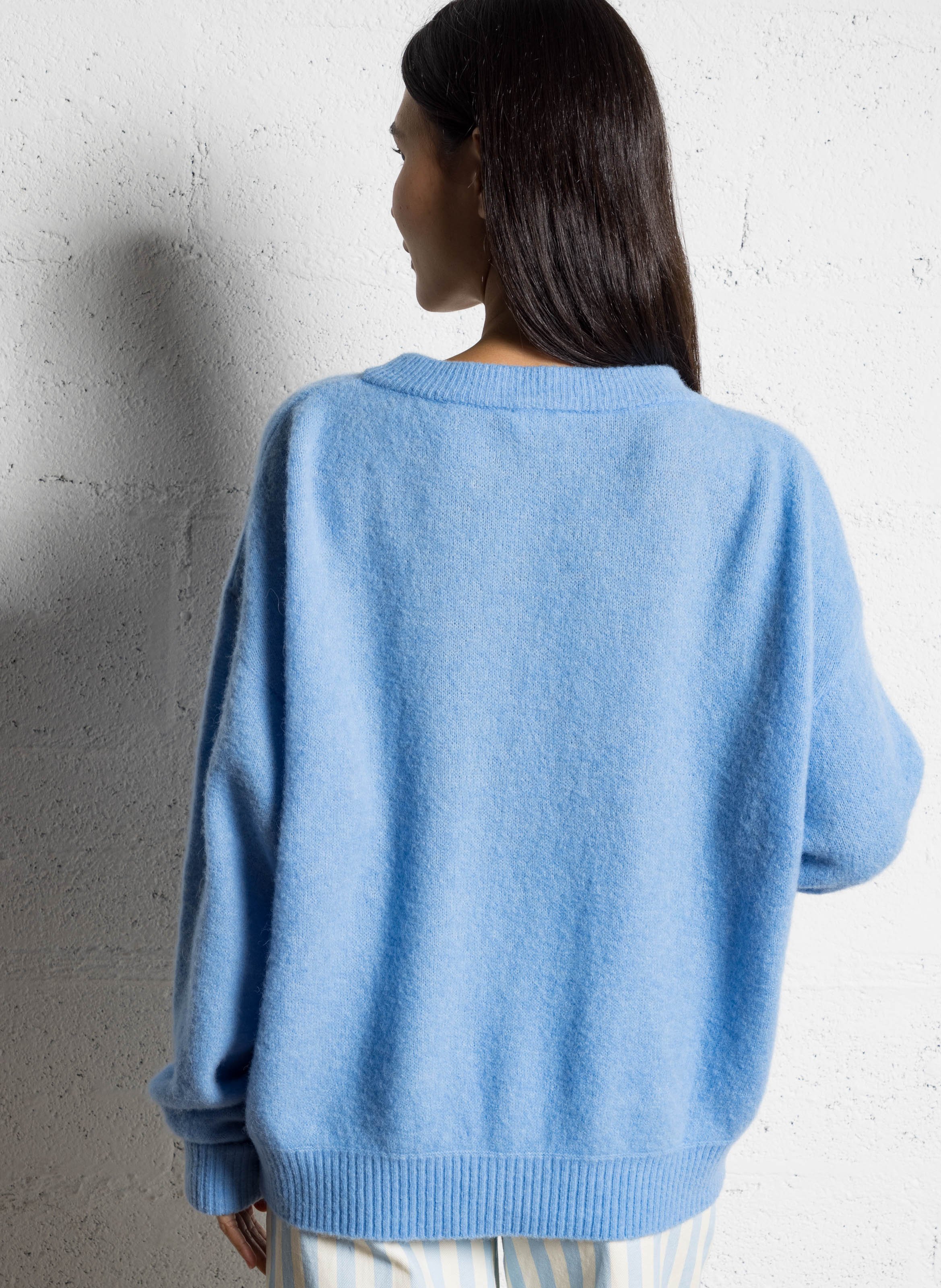 Pull ample col rond en laine mélangée Bleu