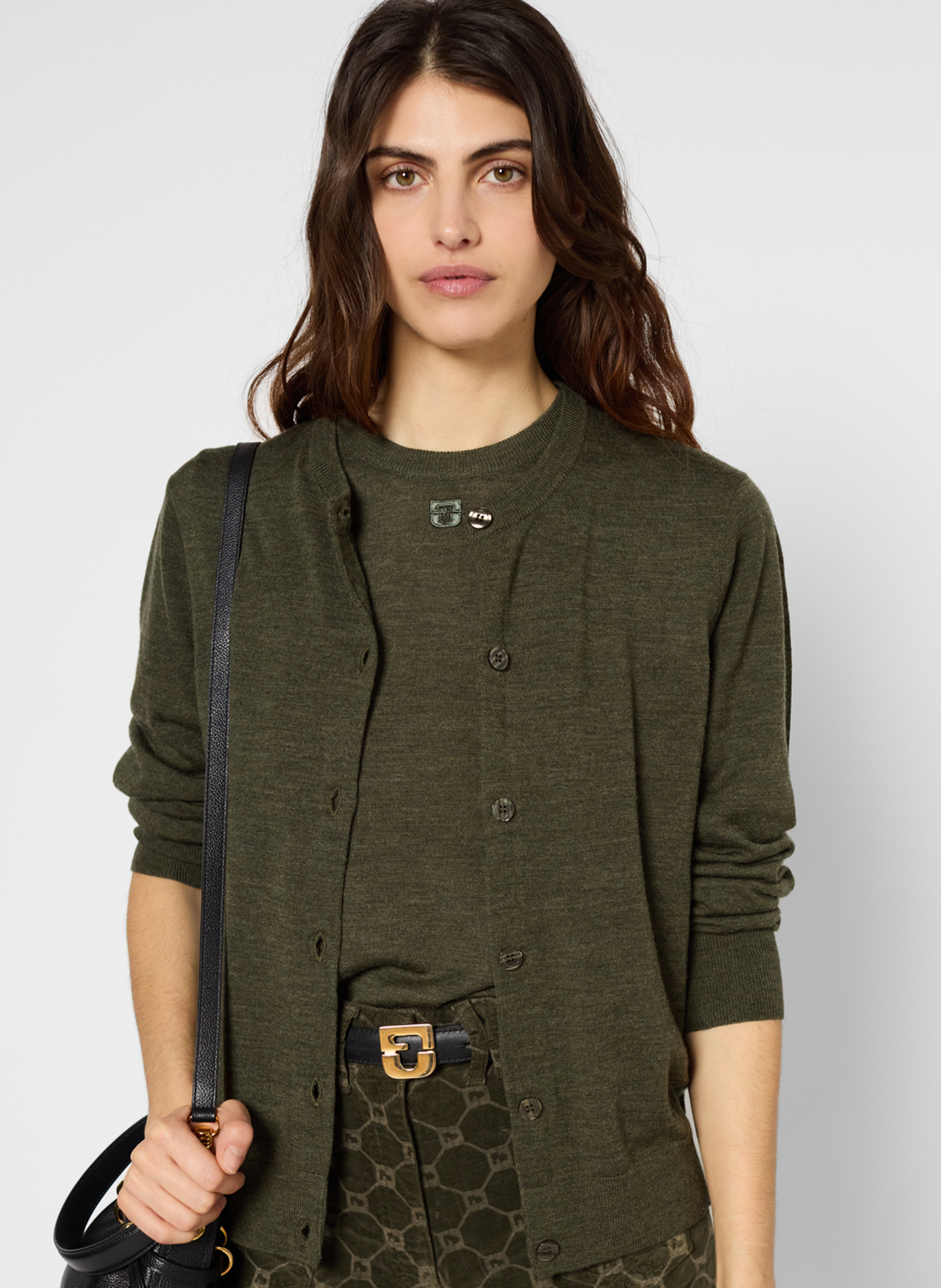 Ribbed merino wool embroidered cardigan GERARD DAREL Khaki