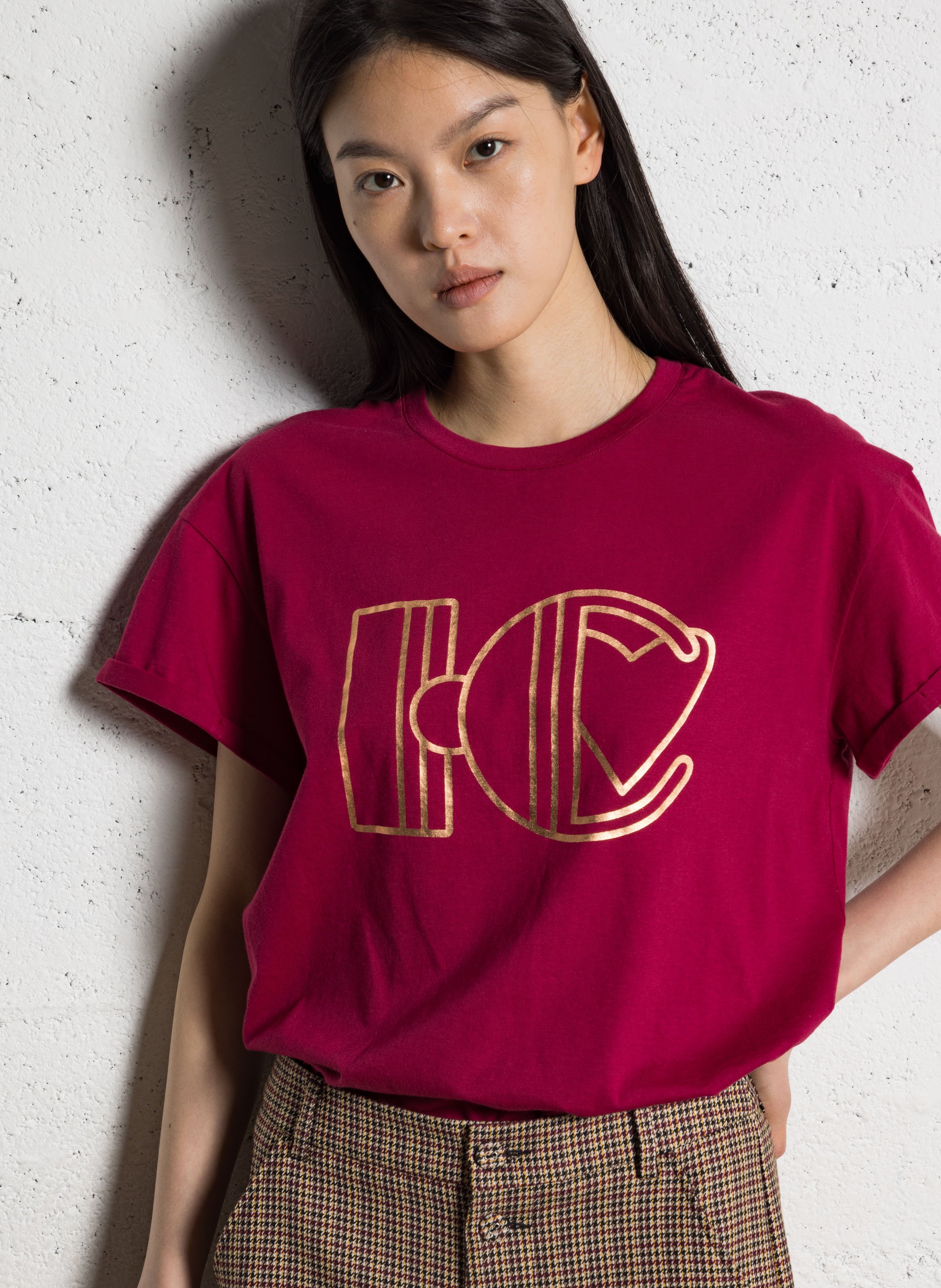 T-shirt dritta scollo tondo serigrafata in cotone I CODE Rosa