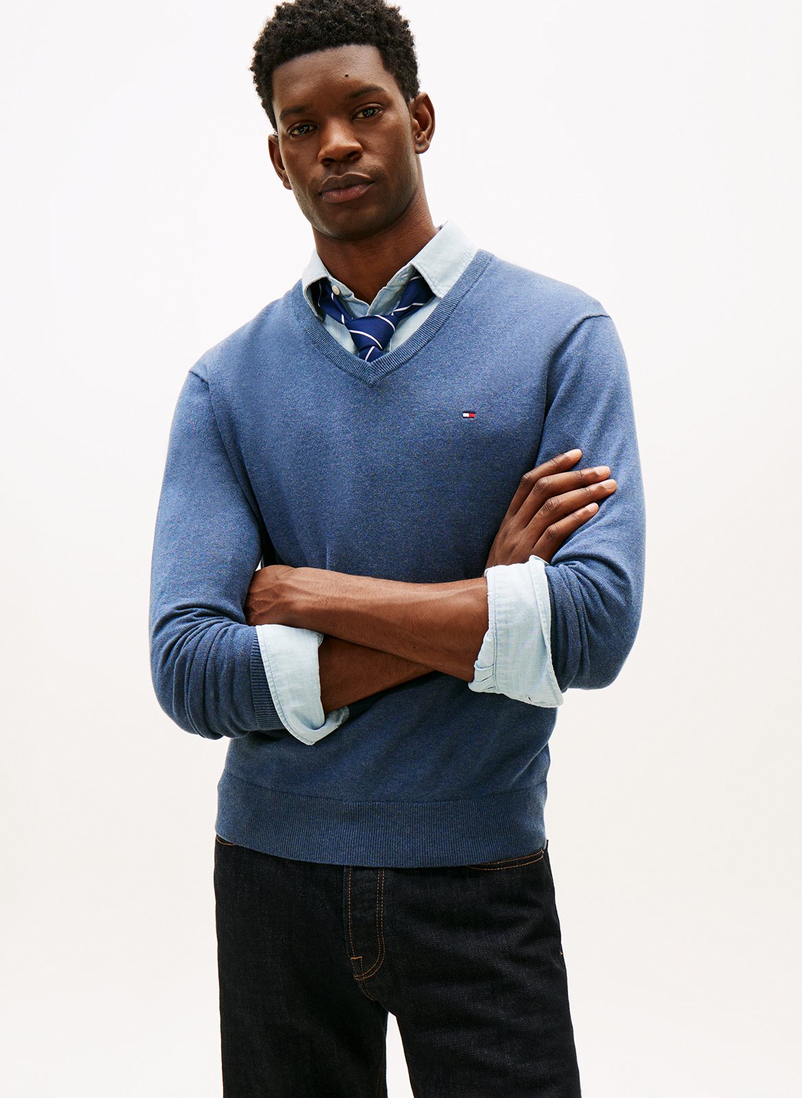 Pull droit col V en coton TOMMY HILFIGER