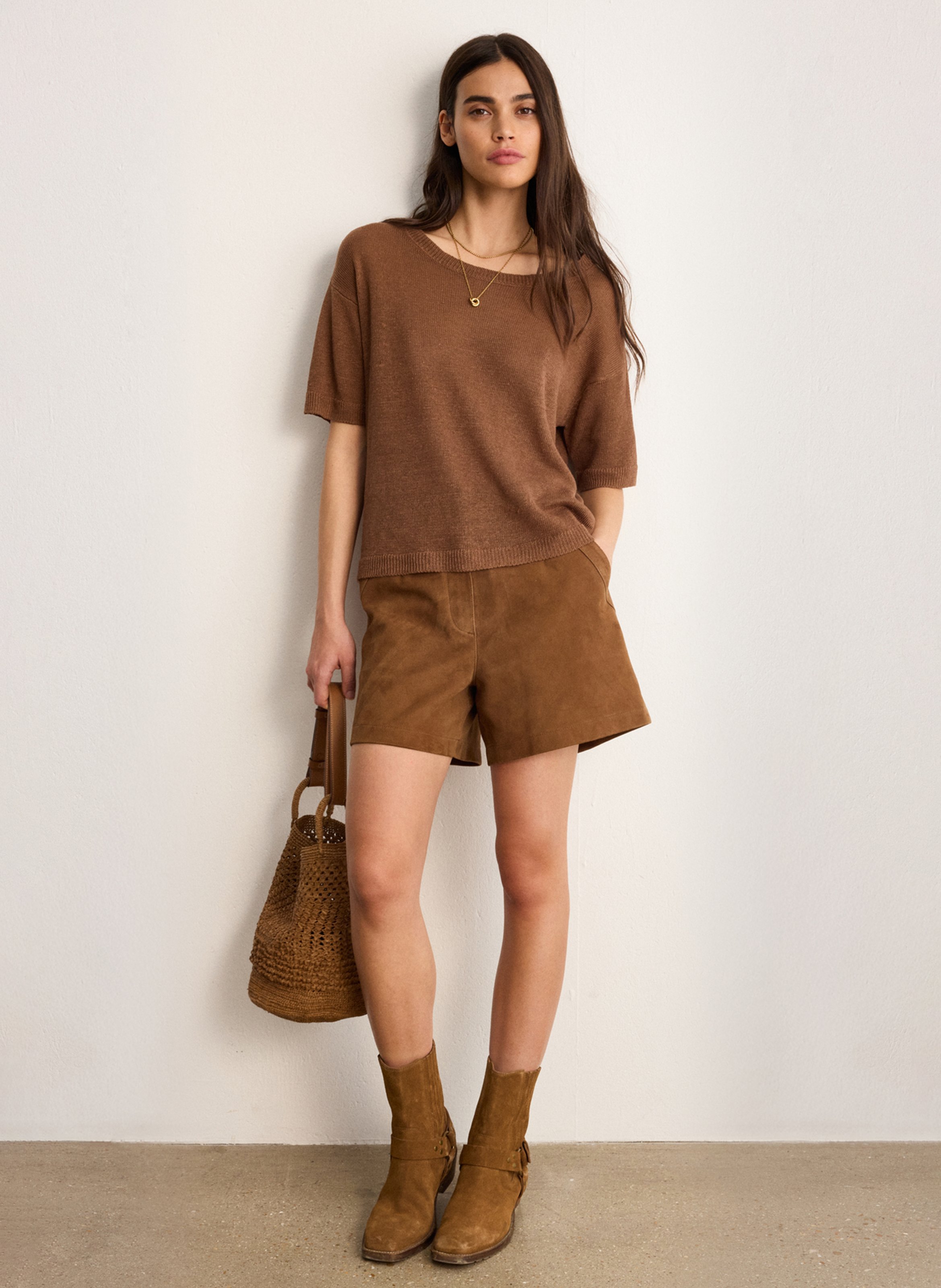 Straight round-neck linen sweater PABLO Brown
