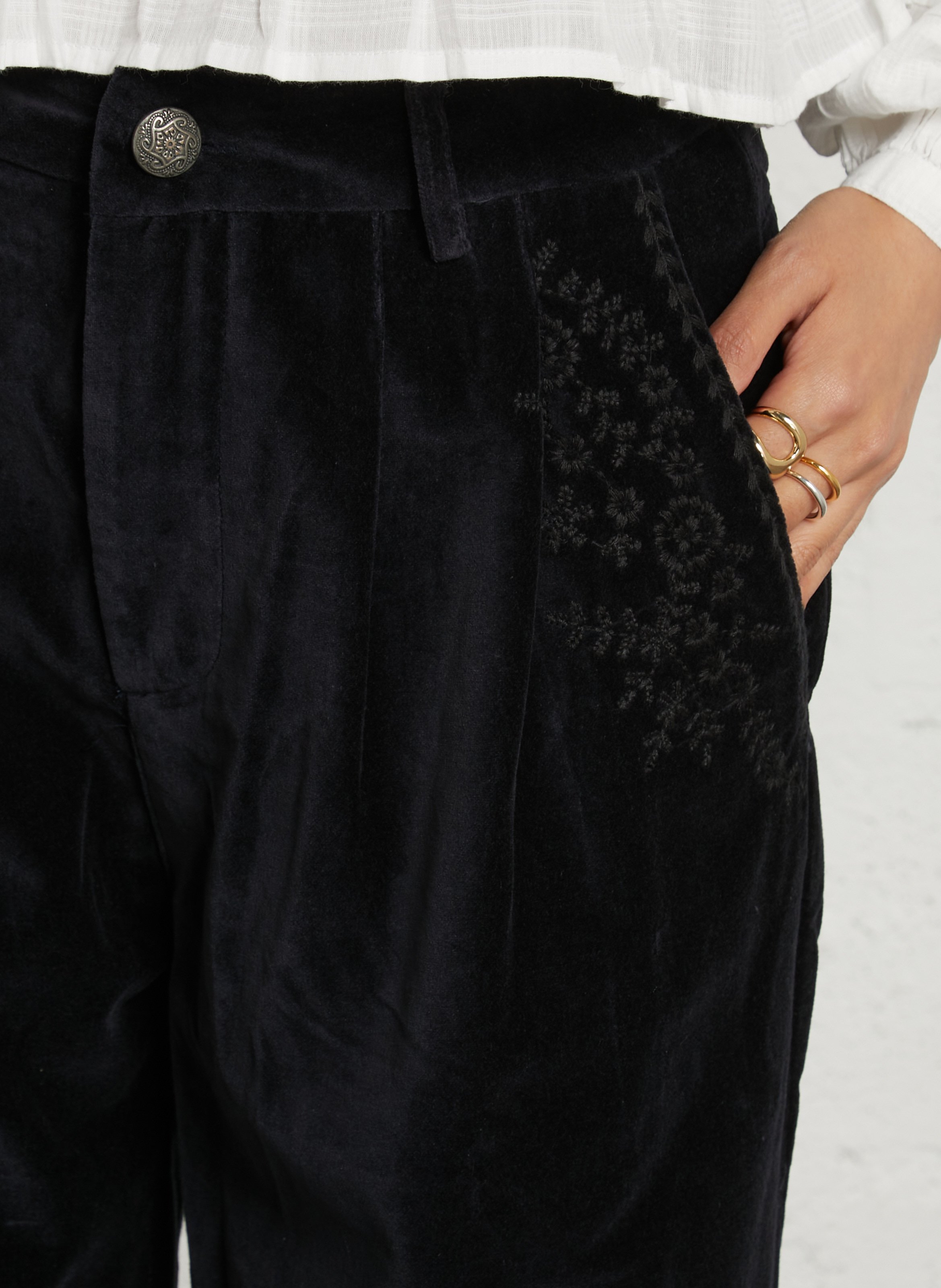 Wijde broek met borduursel in fluwelen katoen MAISON HOTEL Blauw