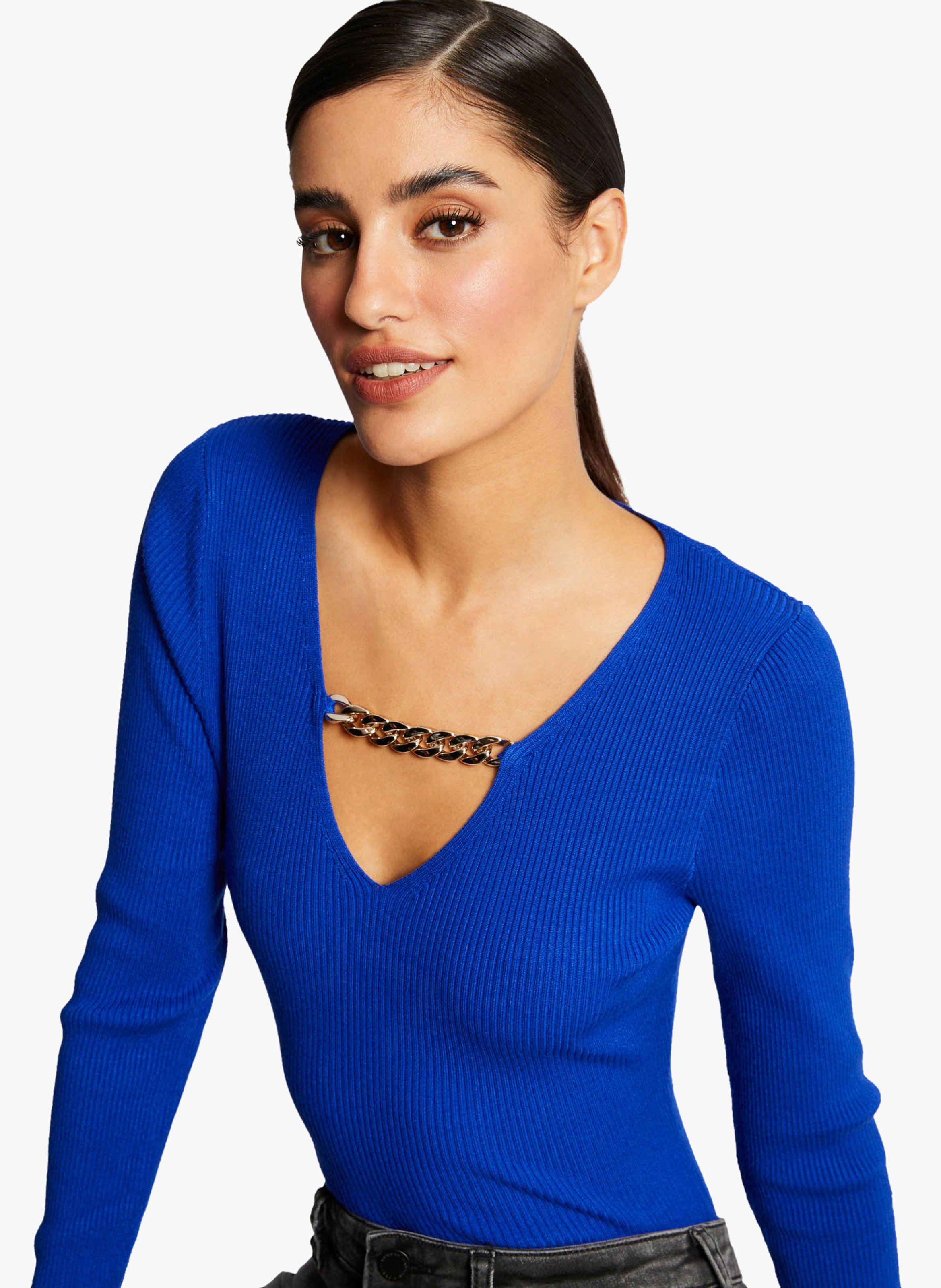 V-neck Sweater With Chain Detail Bleu 