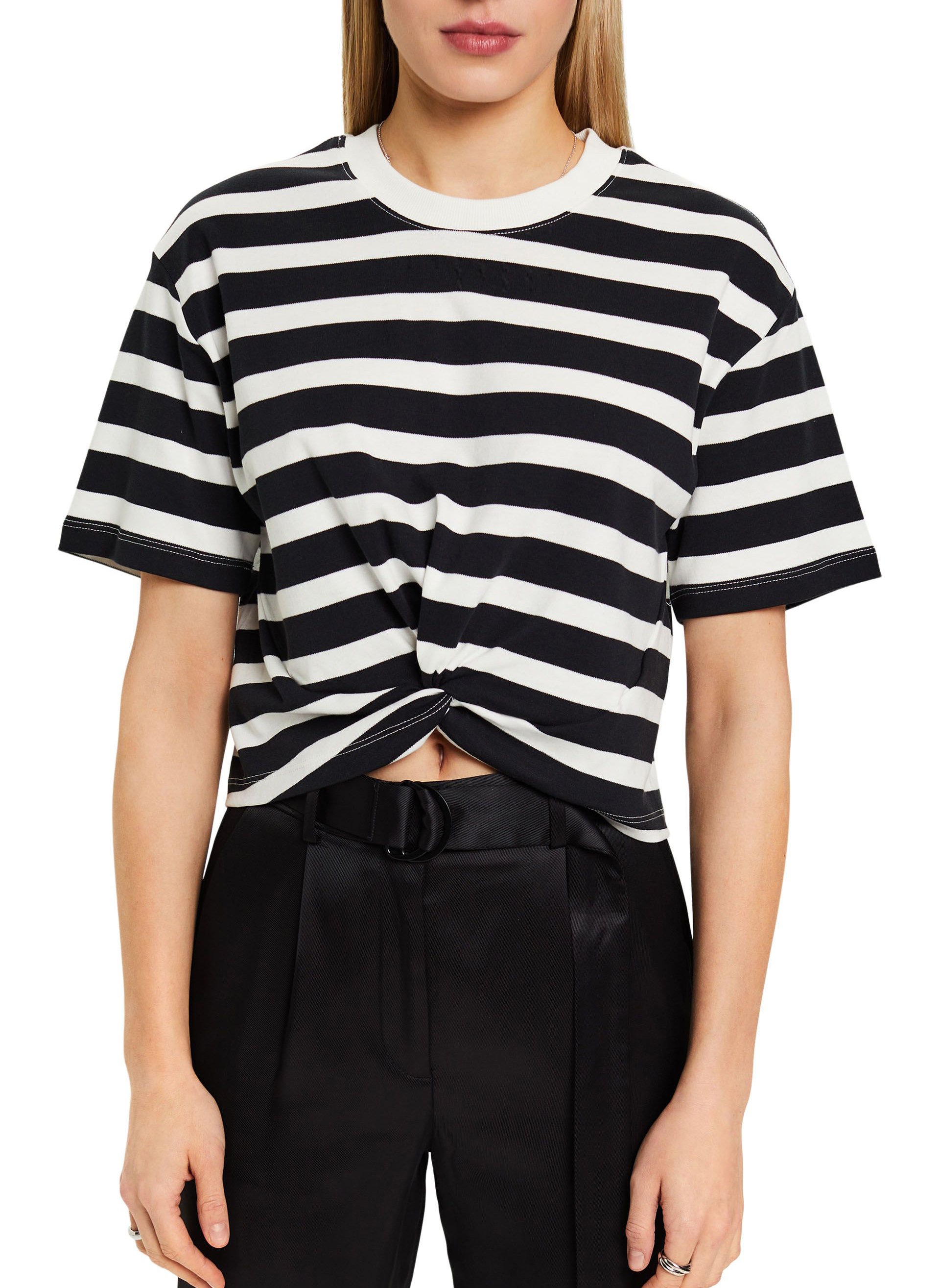 Straight striped cotton round-neck T-shirt ESPRIT Black