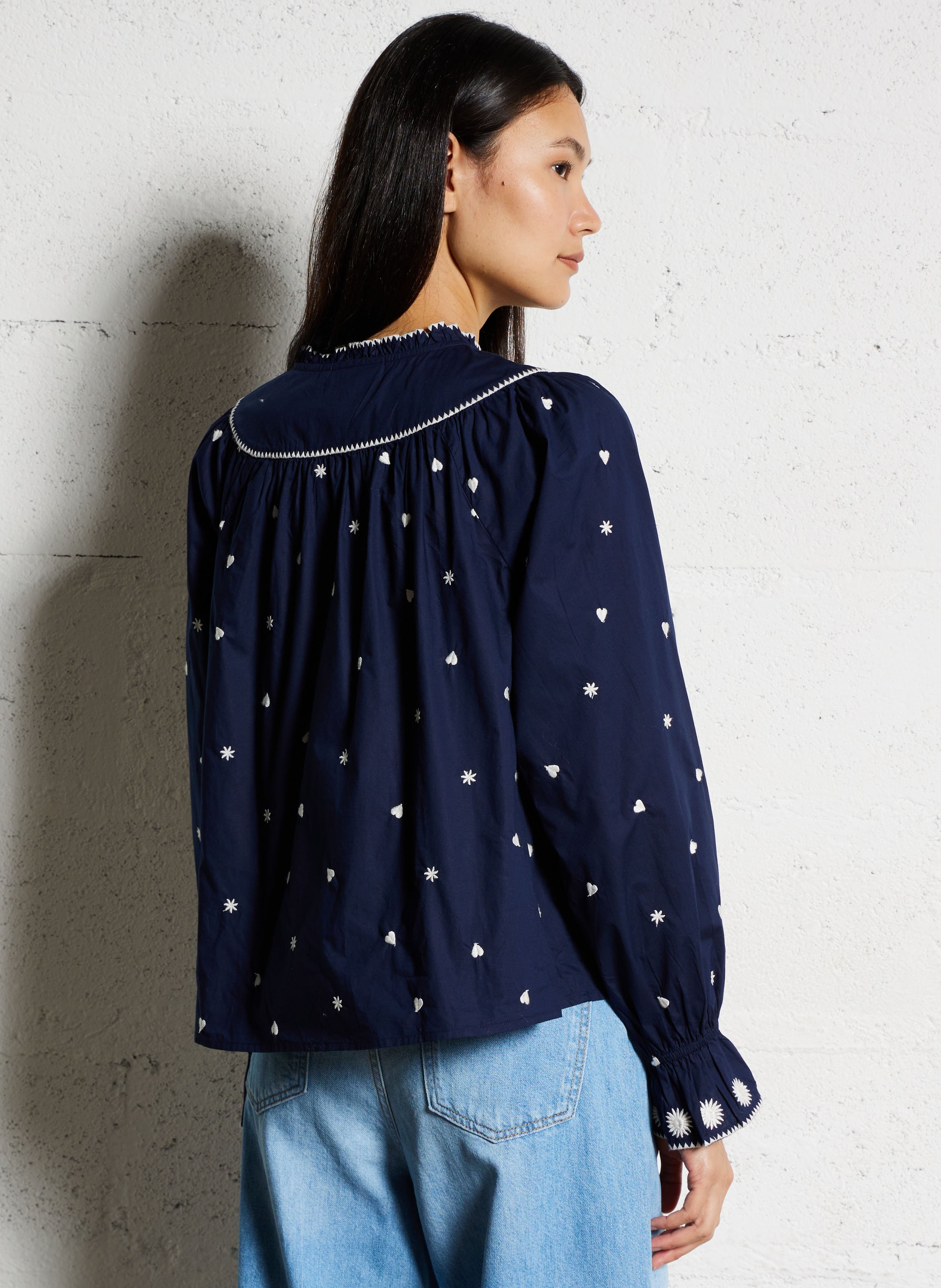 Ruim geborduurde top van biologisch katoen FABIENNE CHAPOT Blauw