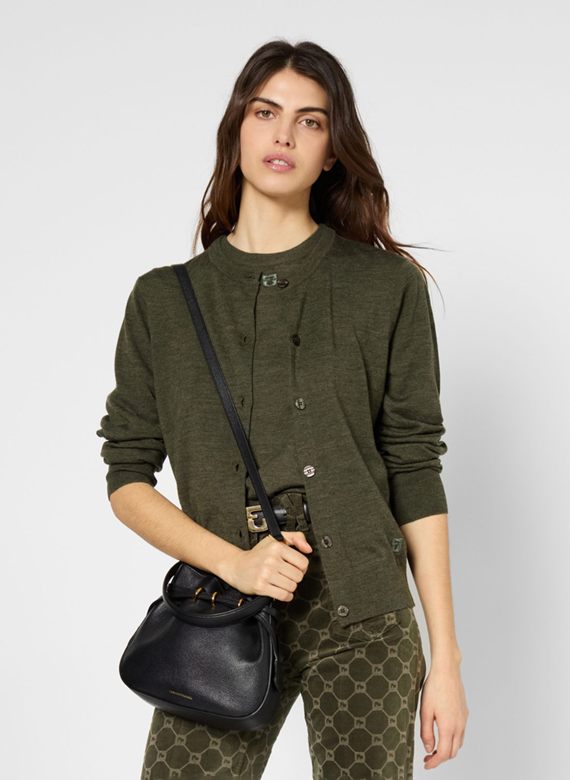 Ribbed merino wool embroidered cardigan GERARD DAREL Khaki