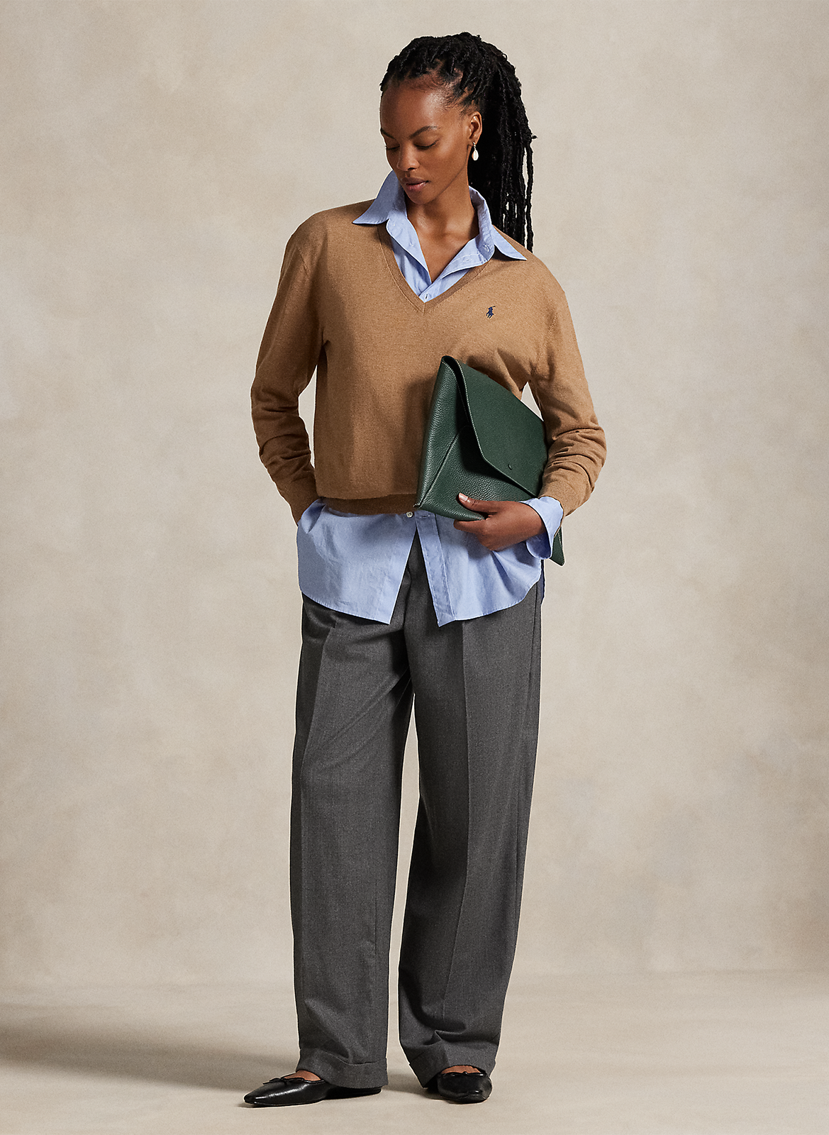 Pull col V en coton POLO RALPH LAUREN Beige