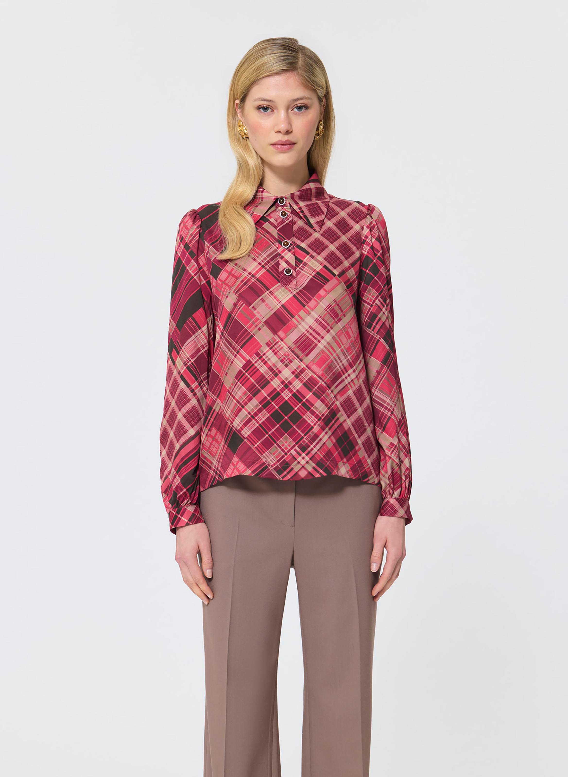 Top con collo a polo stampa a quadri TARA JARMON Rosa