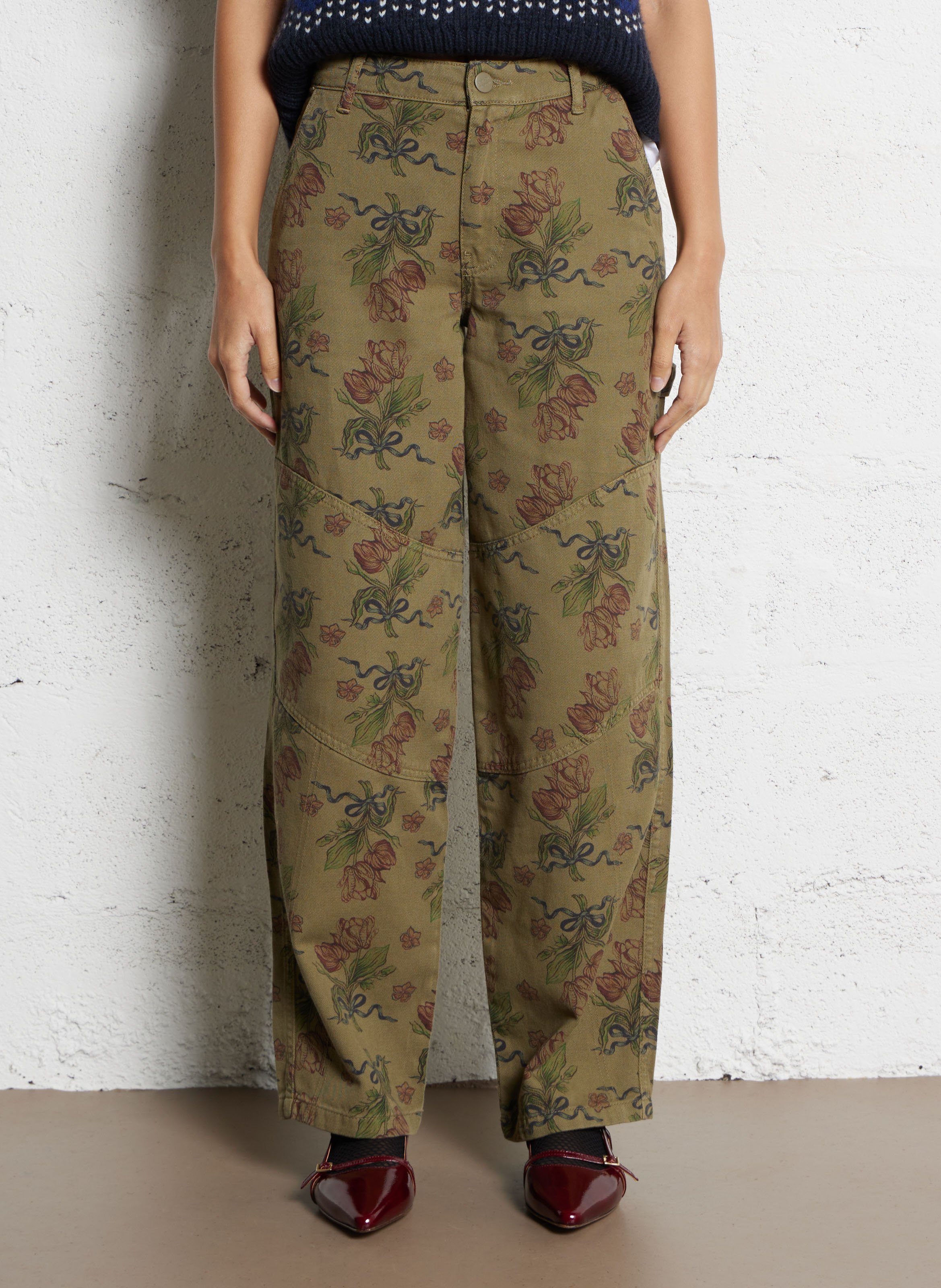 Jean large en coton bio et coton recyclé imprimé DAMSON MADDER Kaki