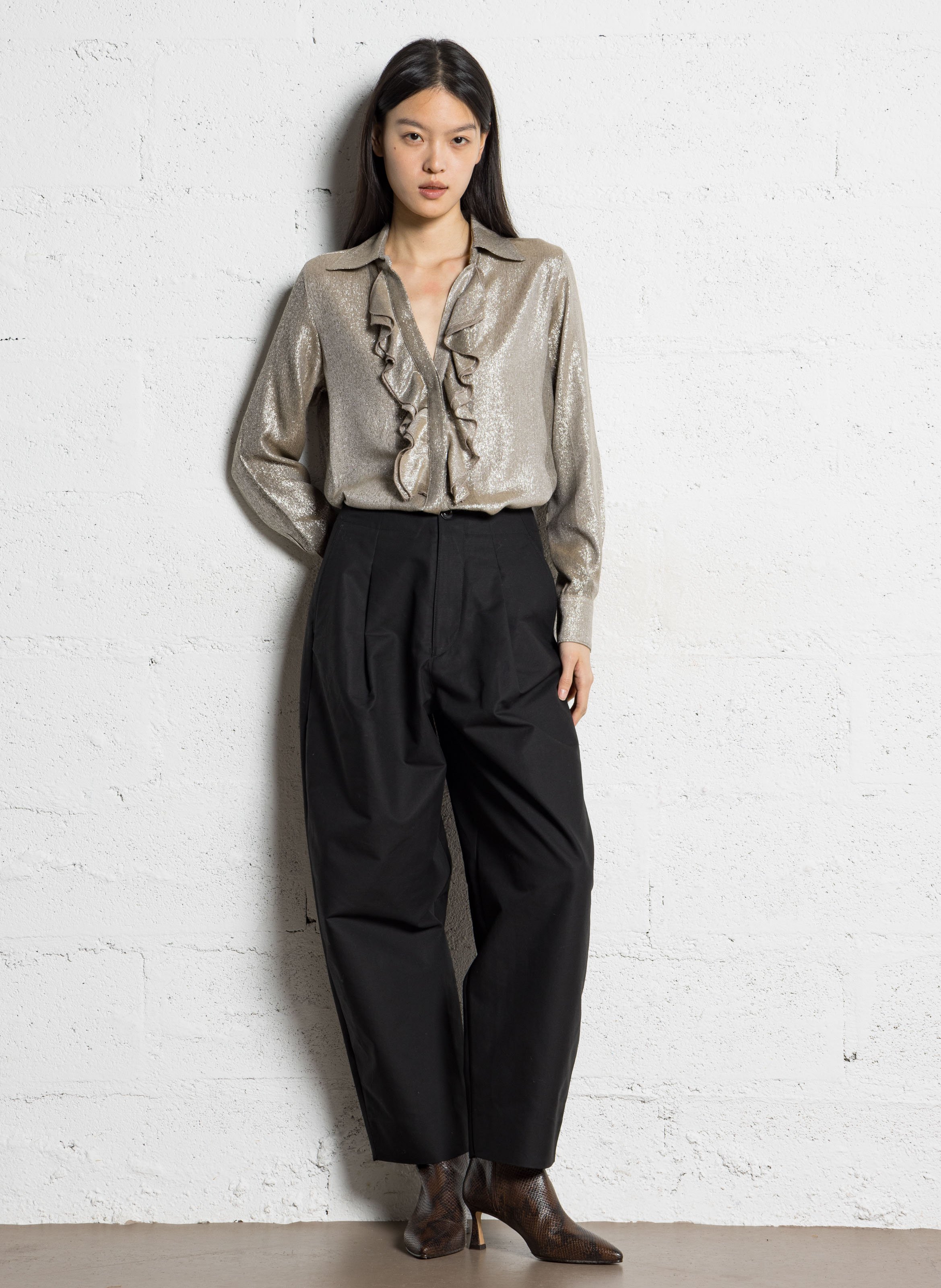 Chemise droite col V pailleté DIEGA Marron