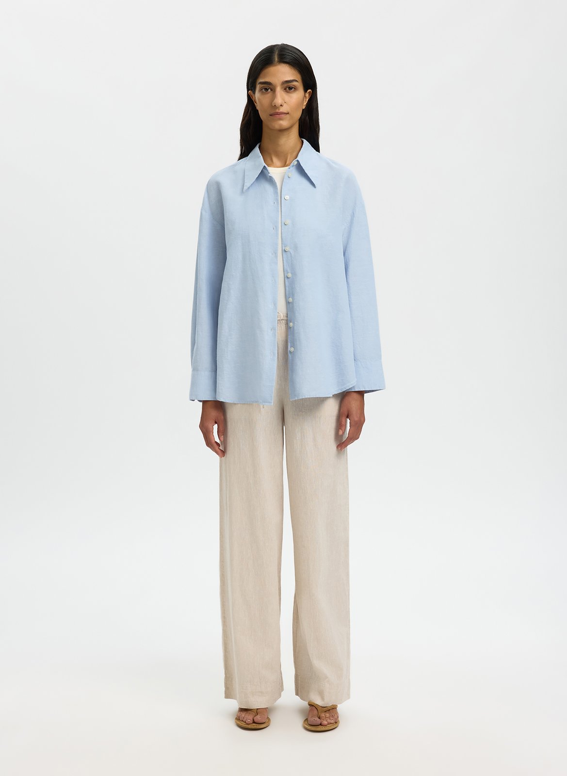 Oversized classic collar shirt in blended linen SELECTED Blue