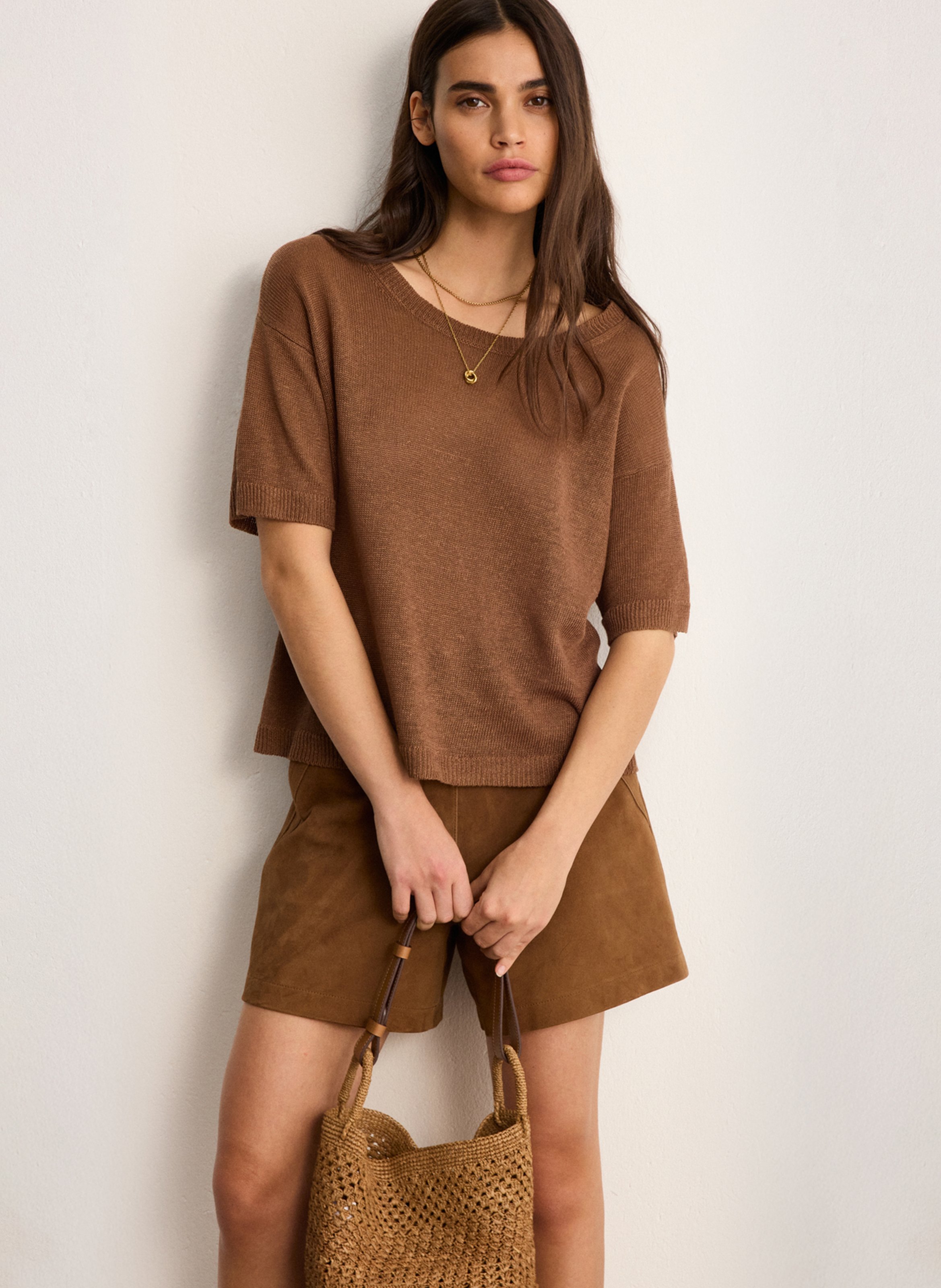 Straight round-neck linen sweater PABLO Brown
