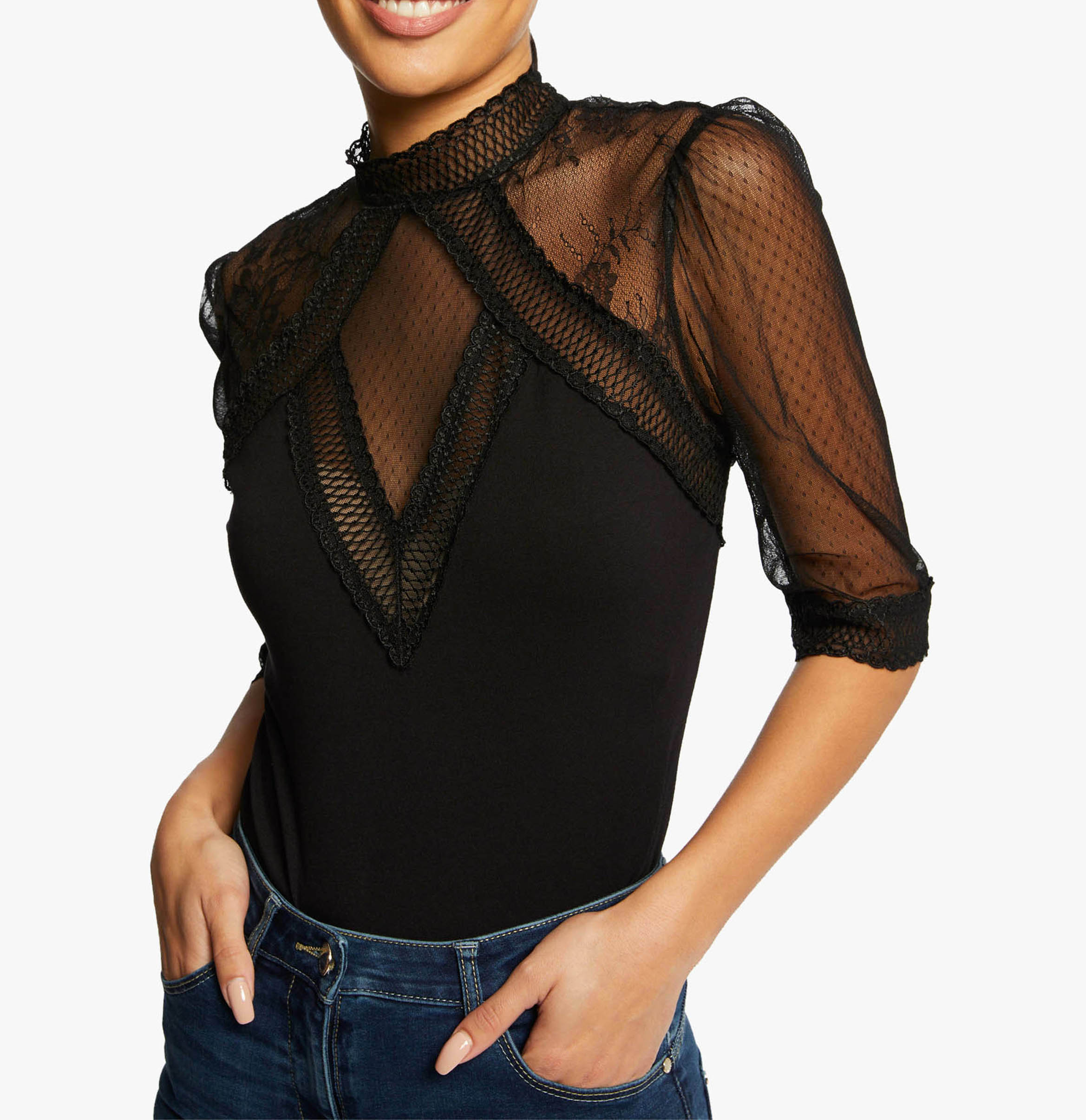 Body aus Spitze mit Stehkragen MORGAN Schwarz