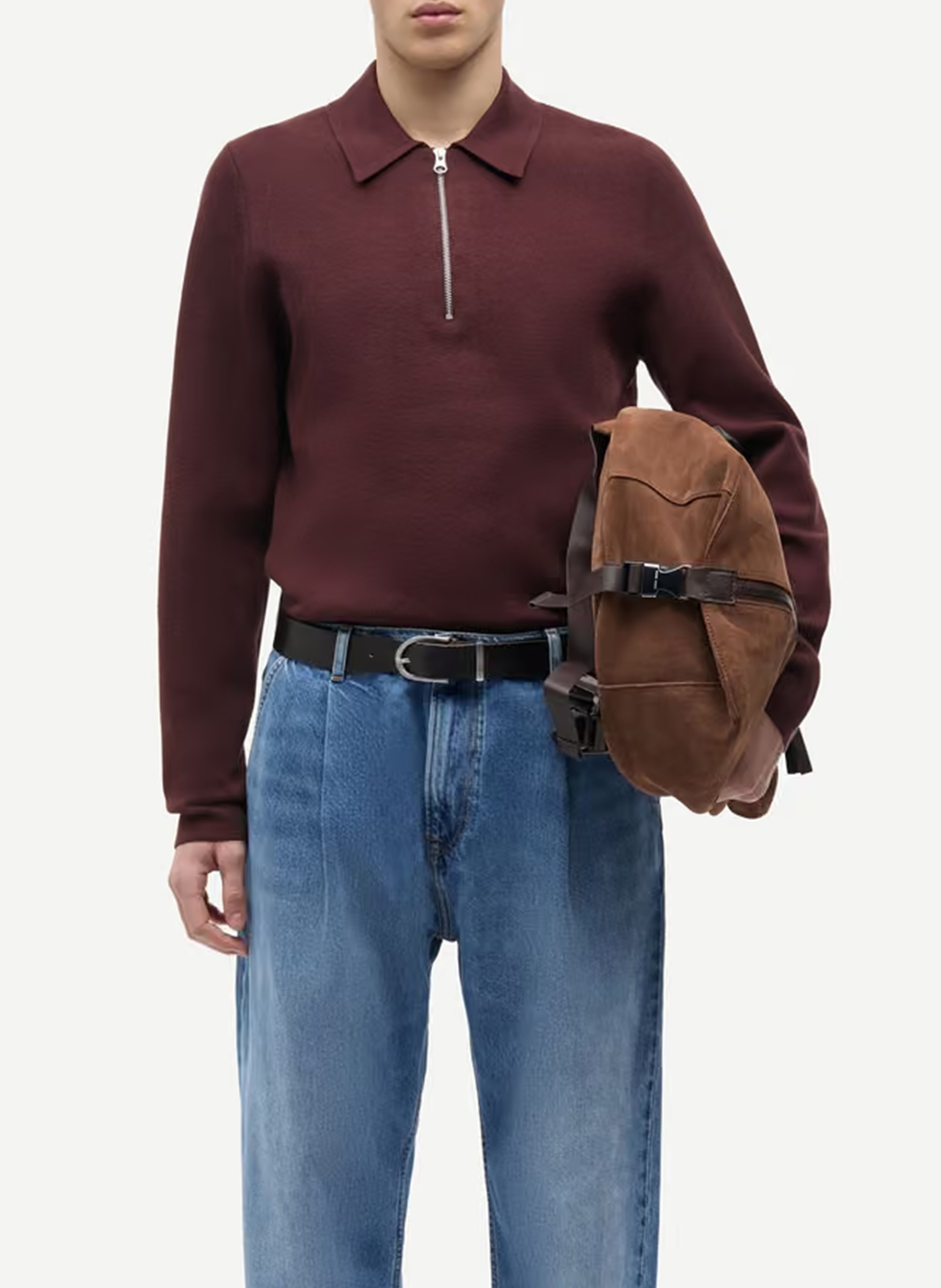 Straight-fit zip-neck polo sweater SAMSOE SAMSOE Brown