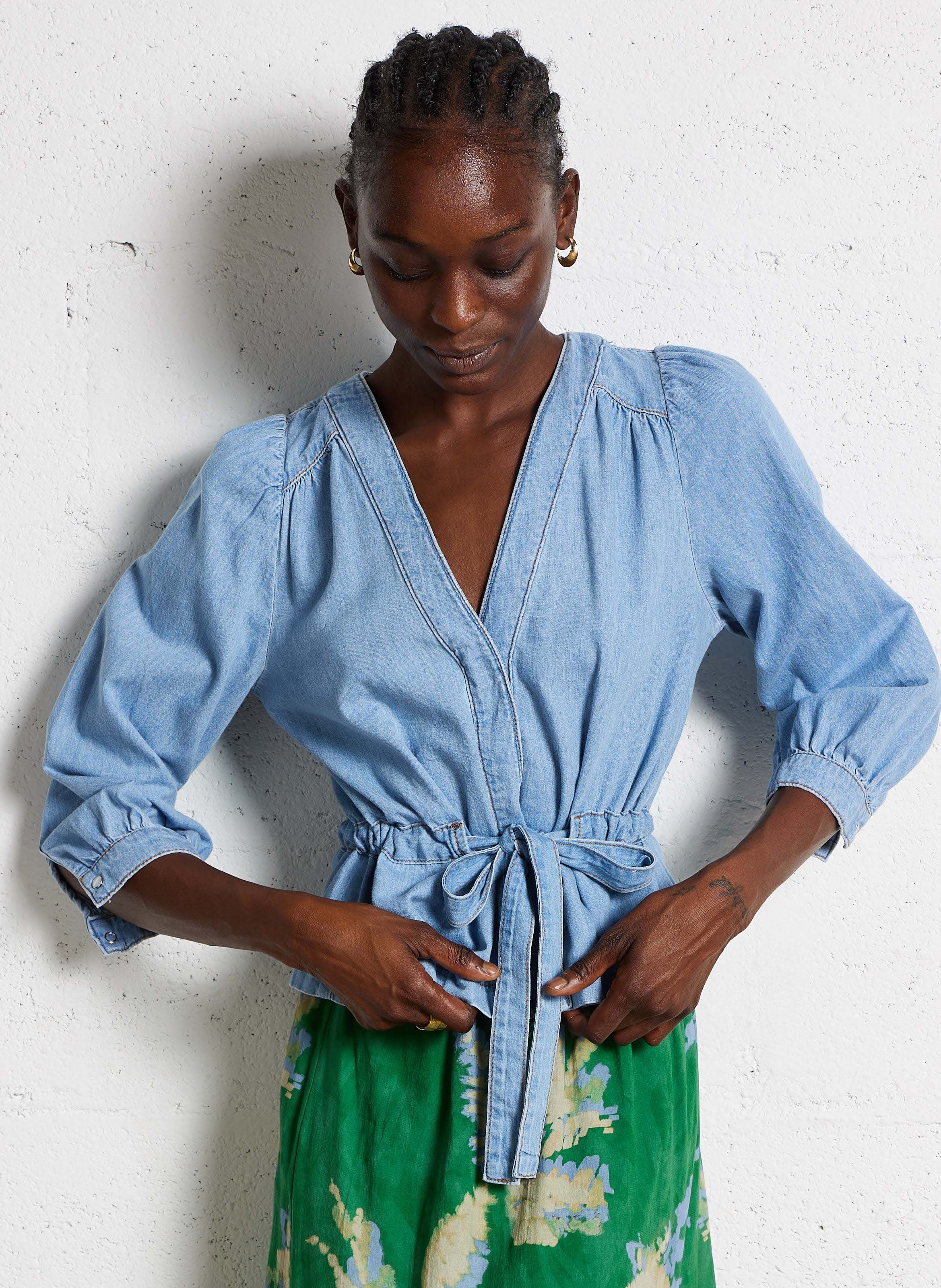 Straight cotton V-neck top BA&amp;SH Blue