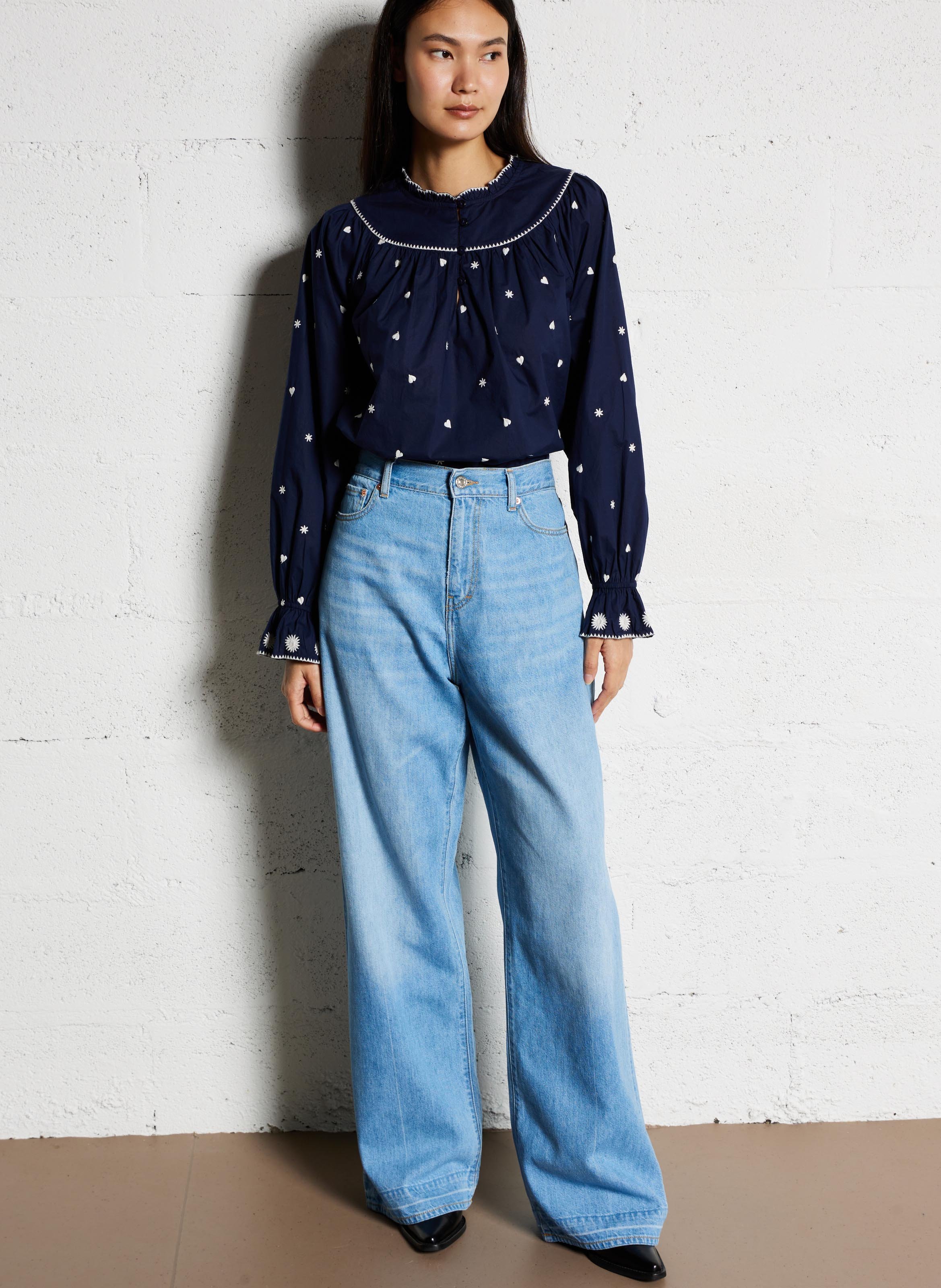 Ruim geborduurde top van biologisch katoen FABIENNE CHAPOT Blauw