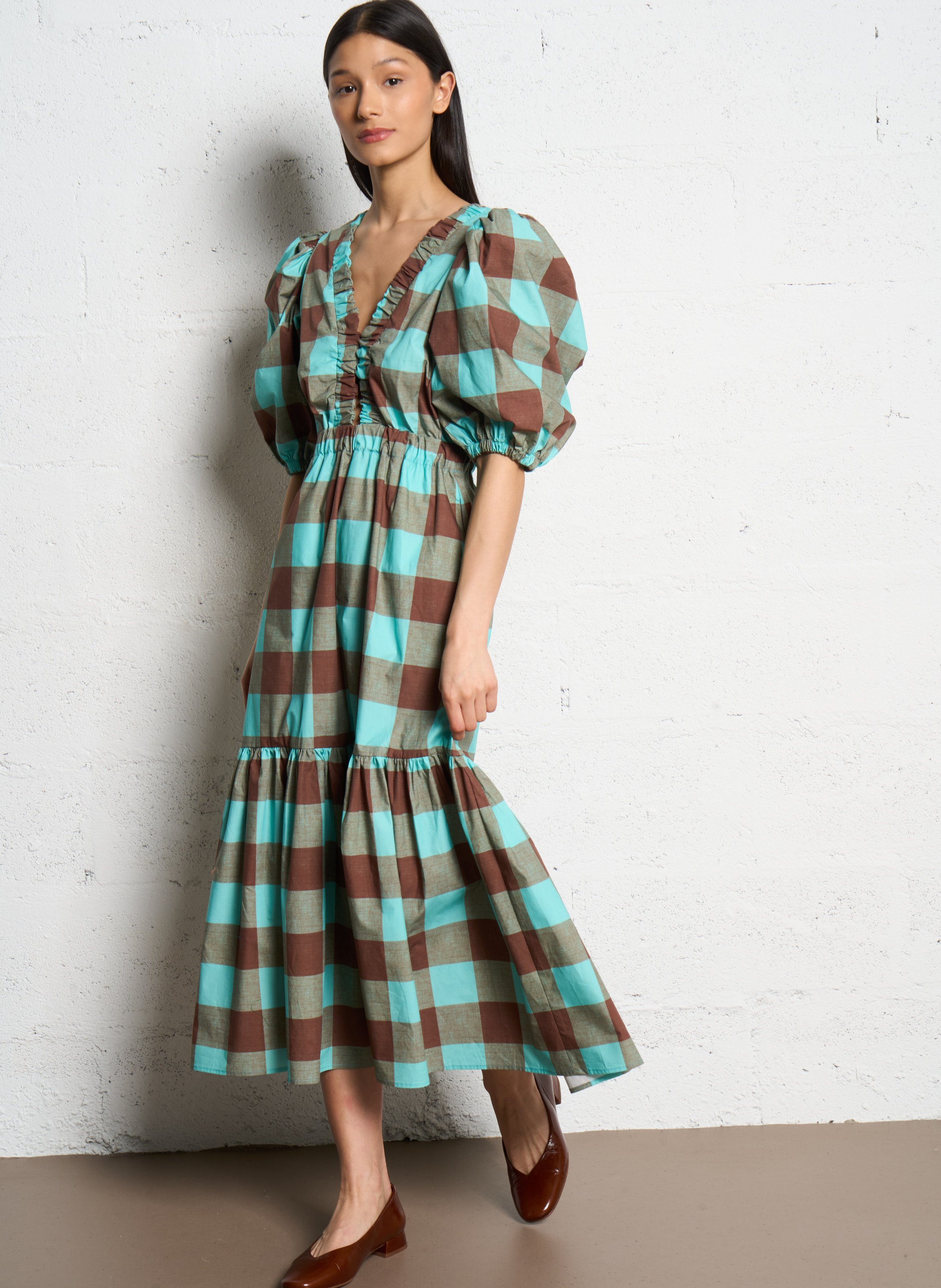 Fitted cotton V-neck maxi dress DR BLOOM Brown