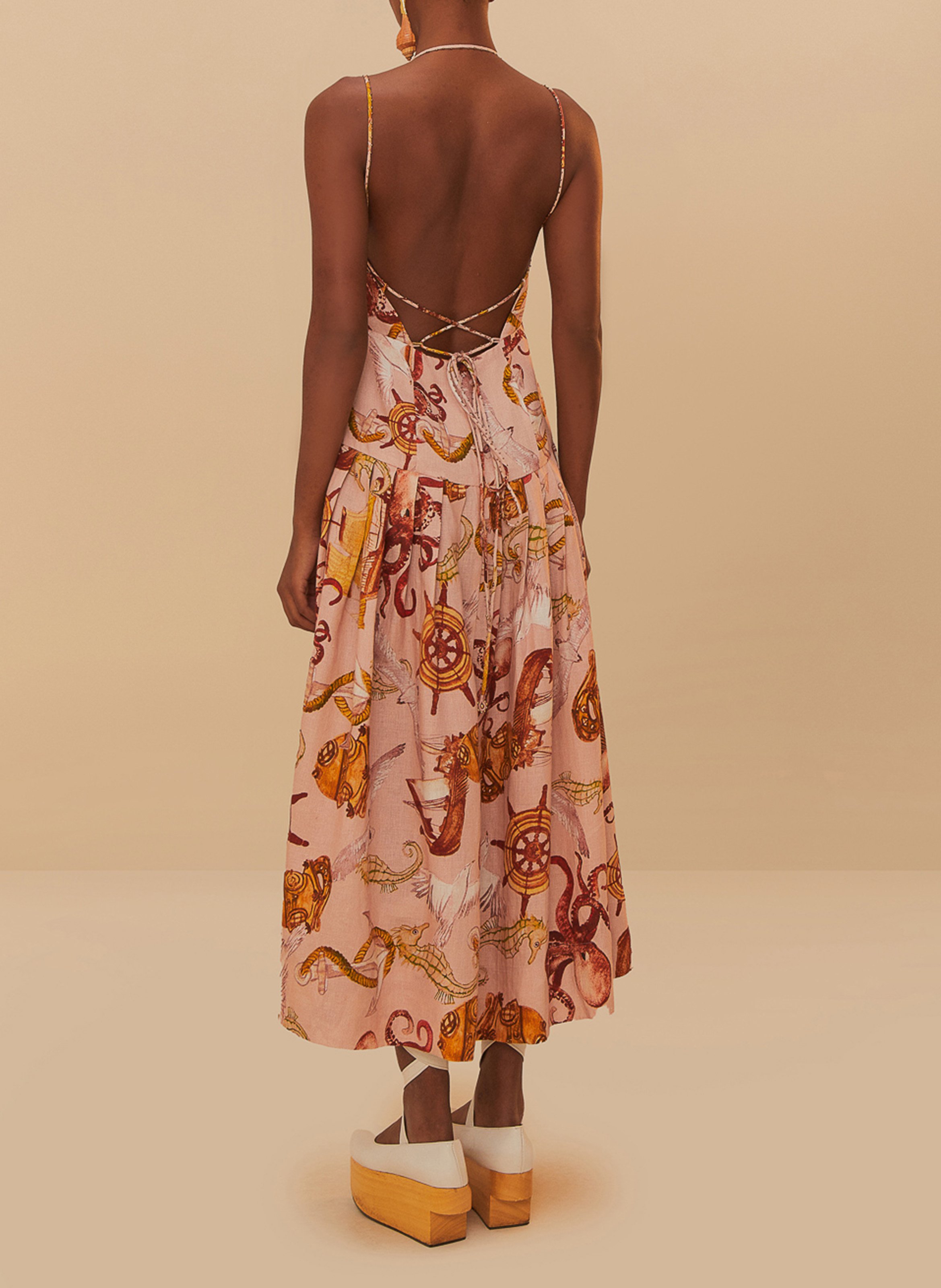 Square Neck Midi Dress in Linen Blend FARM RIO Pink