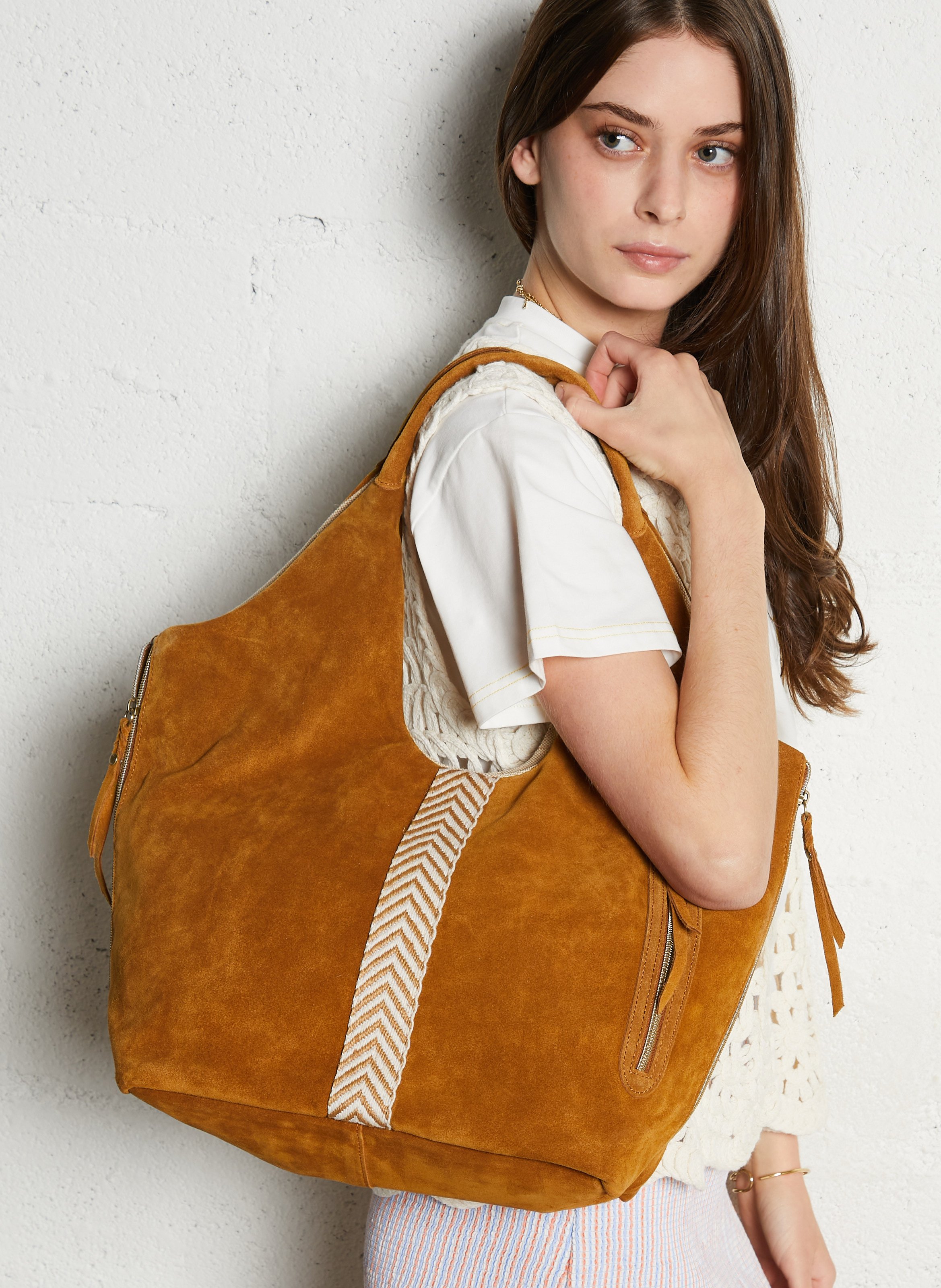 Cabas porté épaule en cuir suédé MILA LOUISE Marron