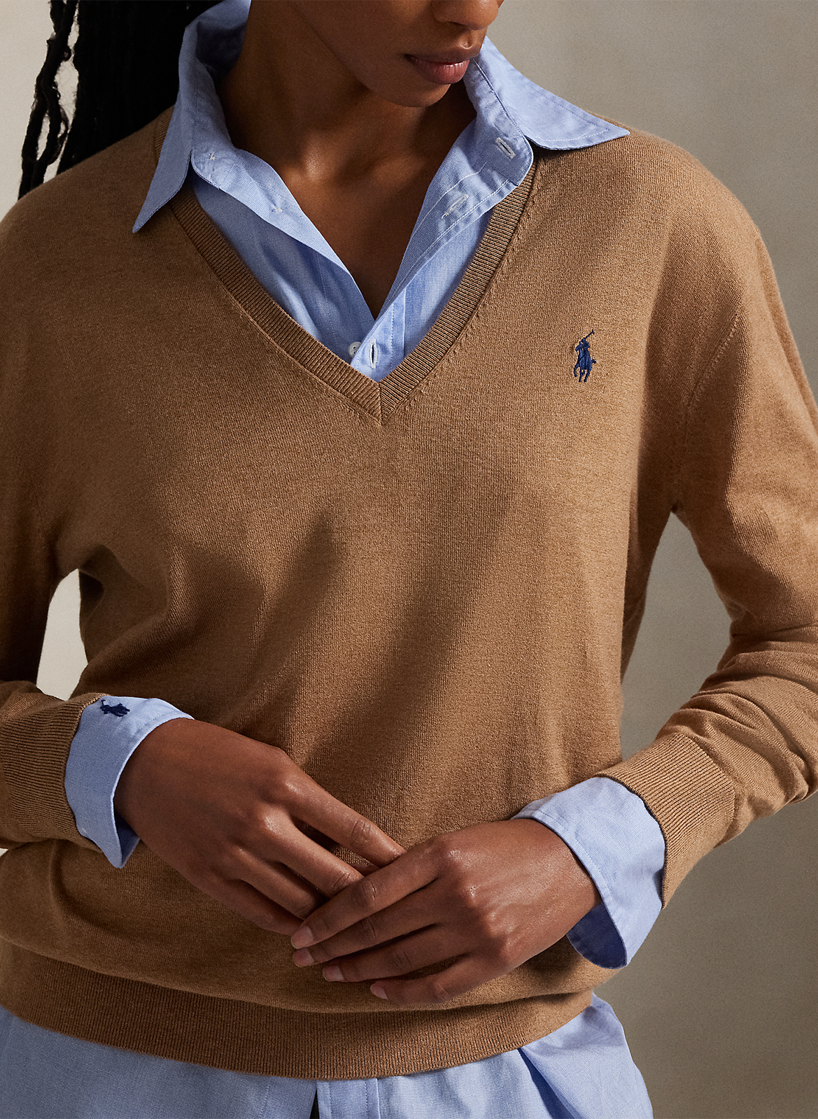 Pull col V en coton POLO RALPH LAUREN Beige