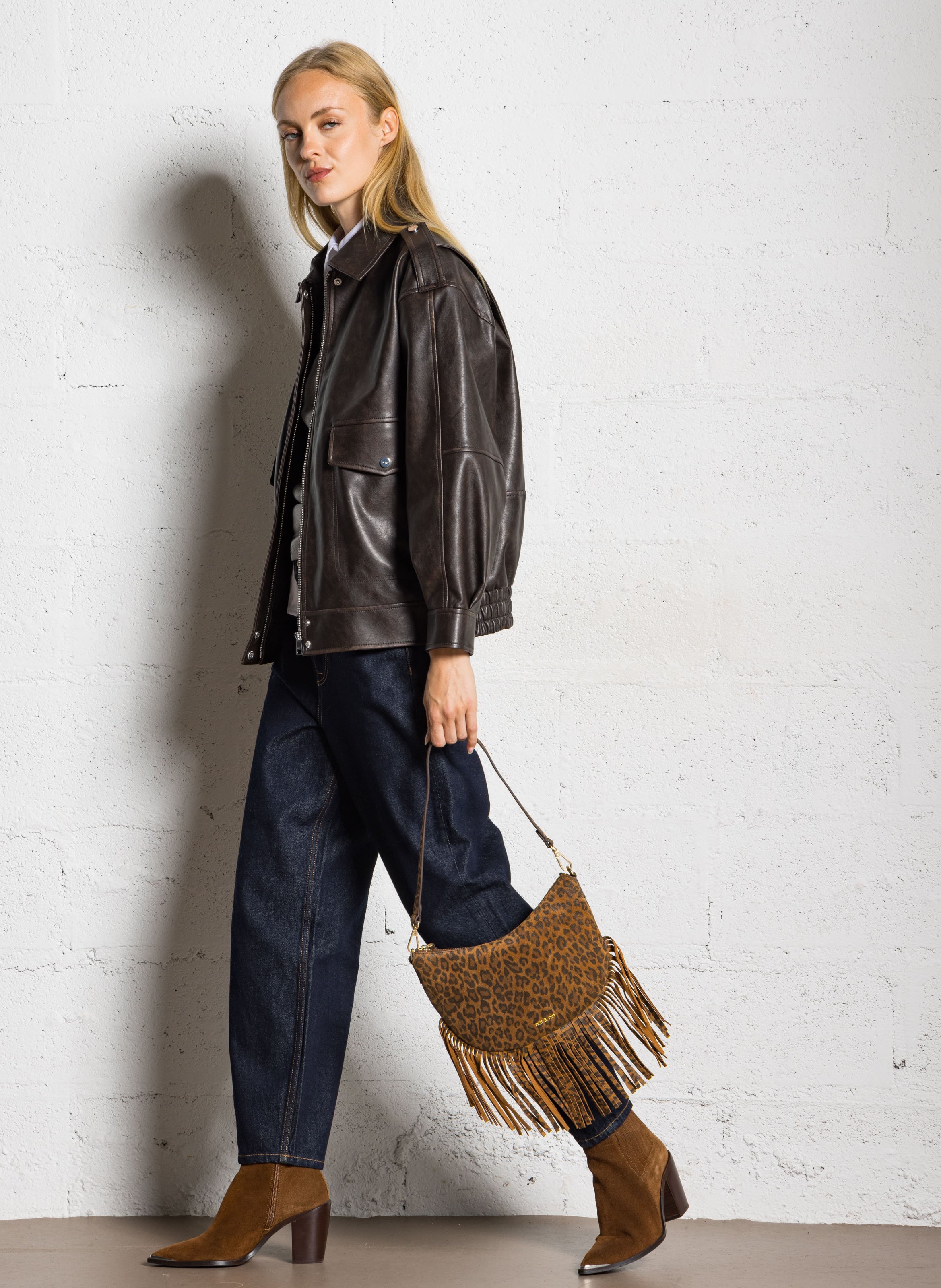 Sac bandoulière à franges en cuir NAT & NIN Marron