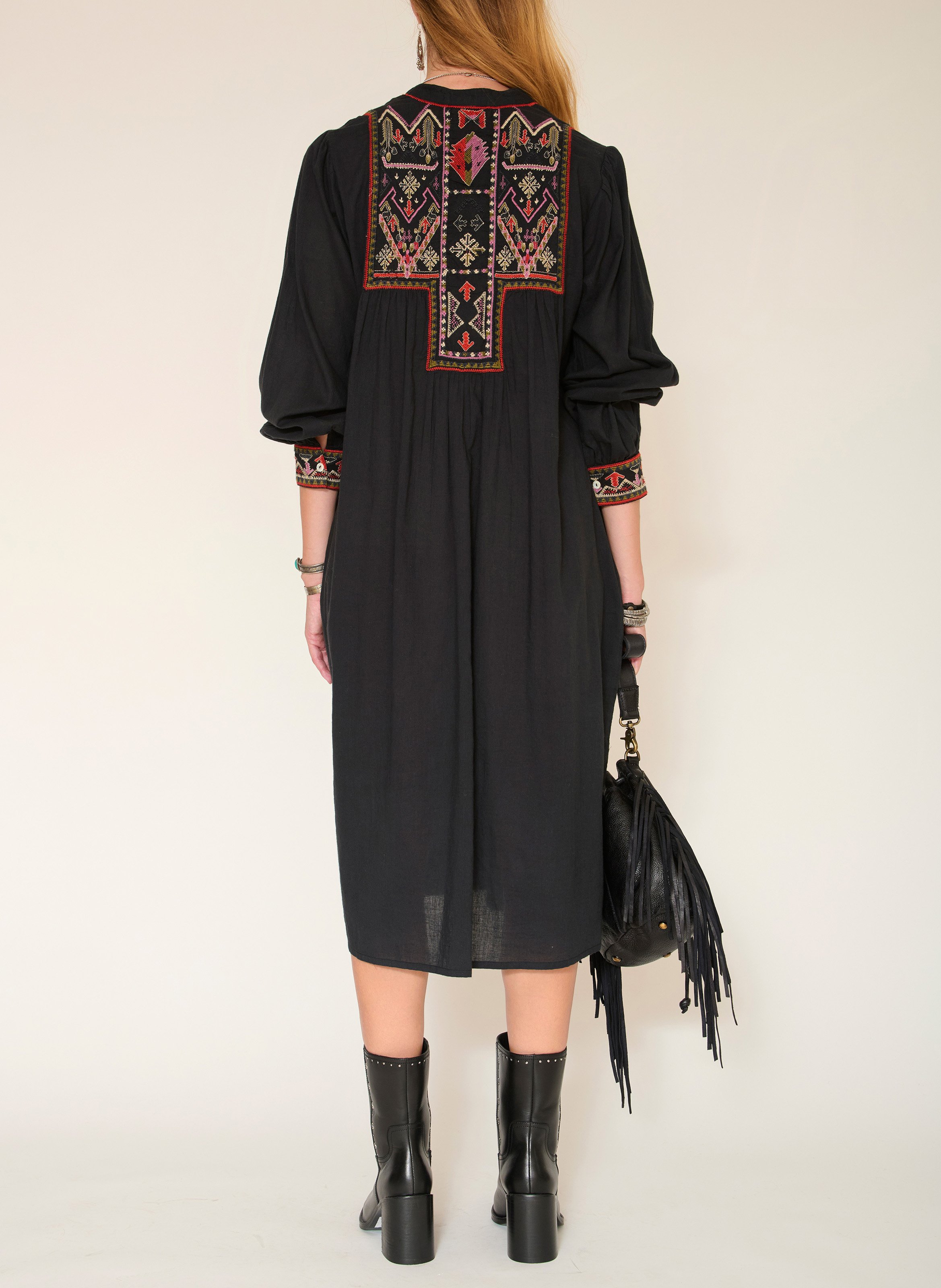 Robe midi ample à broderies en coton MKT Noir