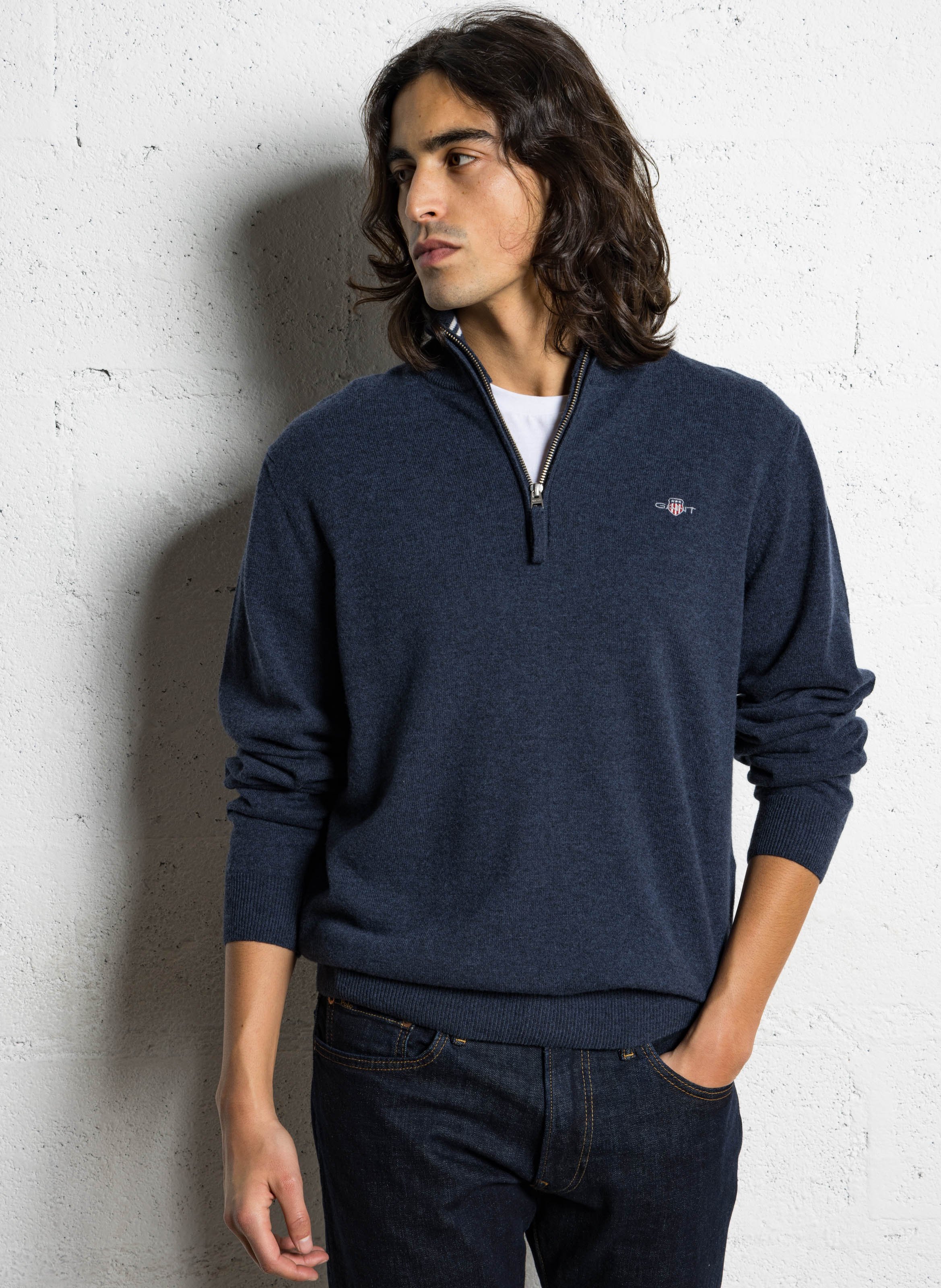 High-neck wool sweater with zip GANT Blue