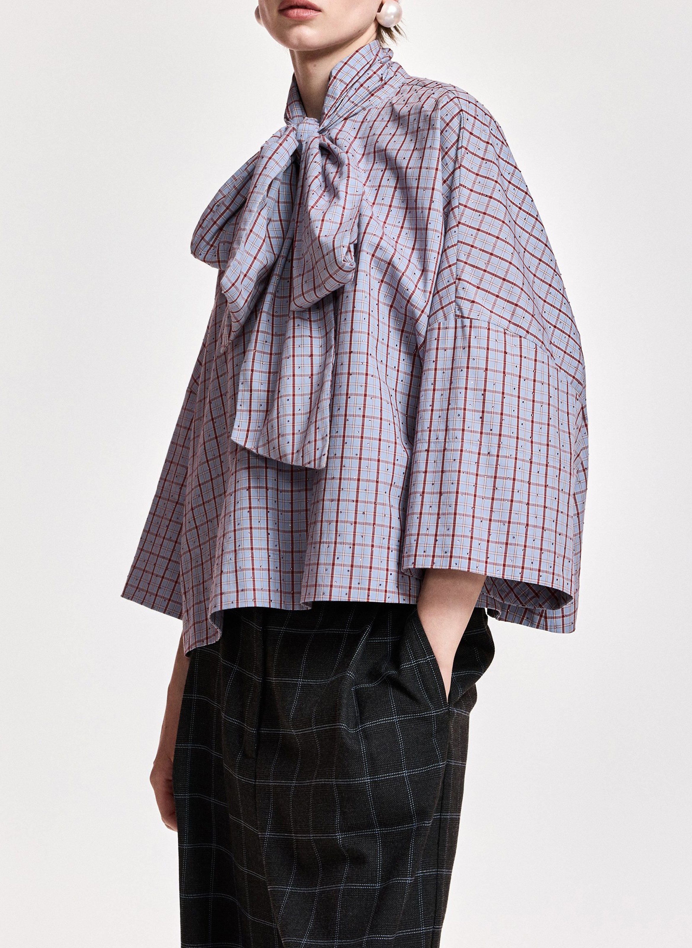 Oversize cotton collar lavallière top | Blue ESSENTIEL ANTWERP Women