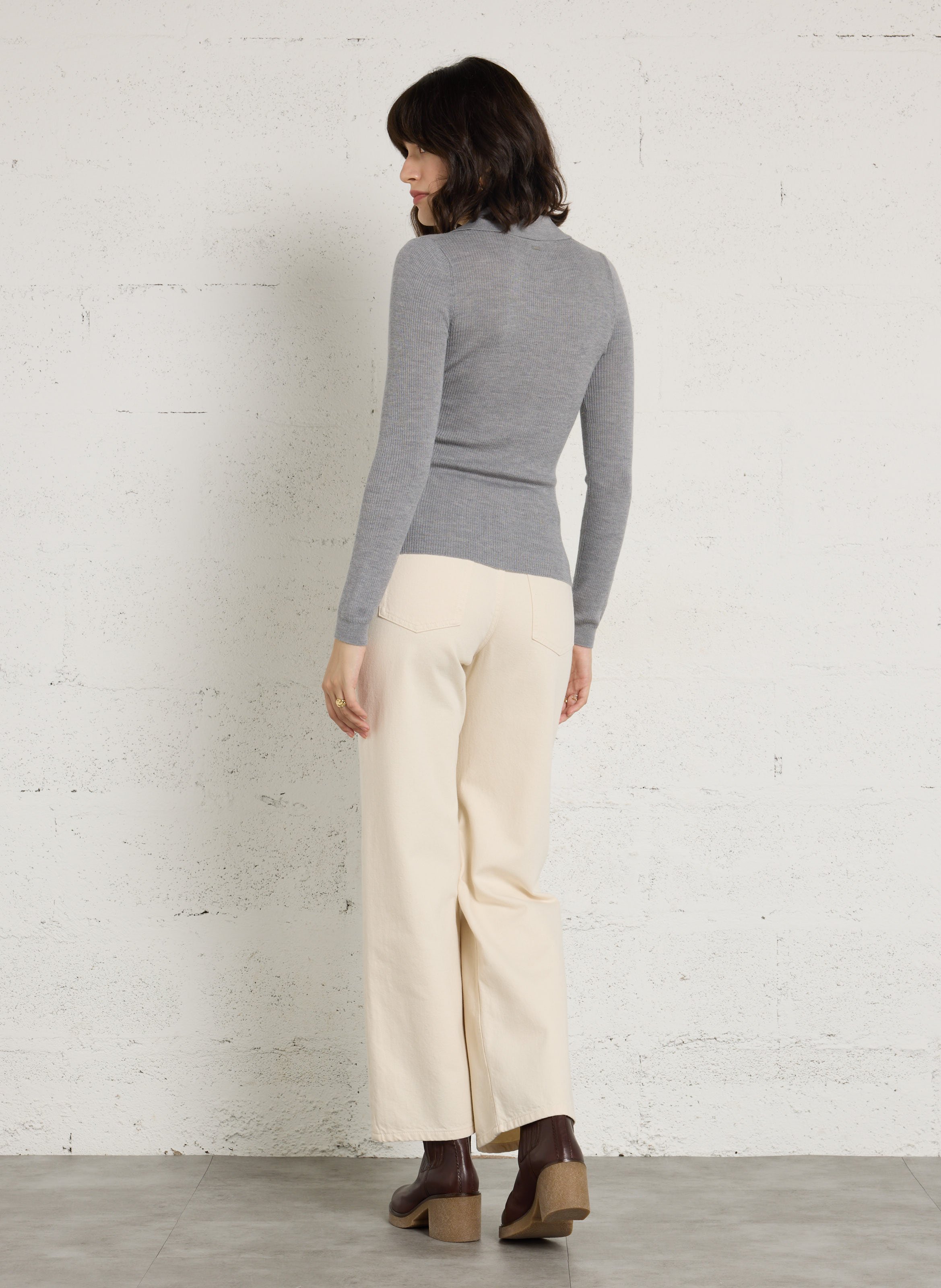 Pull cintré col classique en laine IKKS Gris