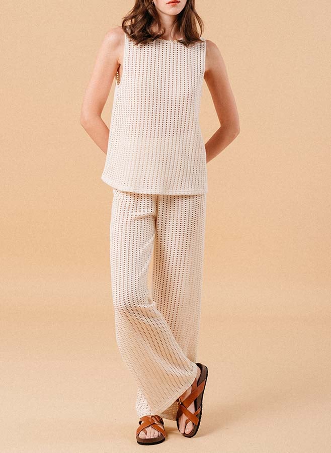 Flared cut openwork stretch cotton trousers GRACE ET MILA Beige