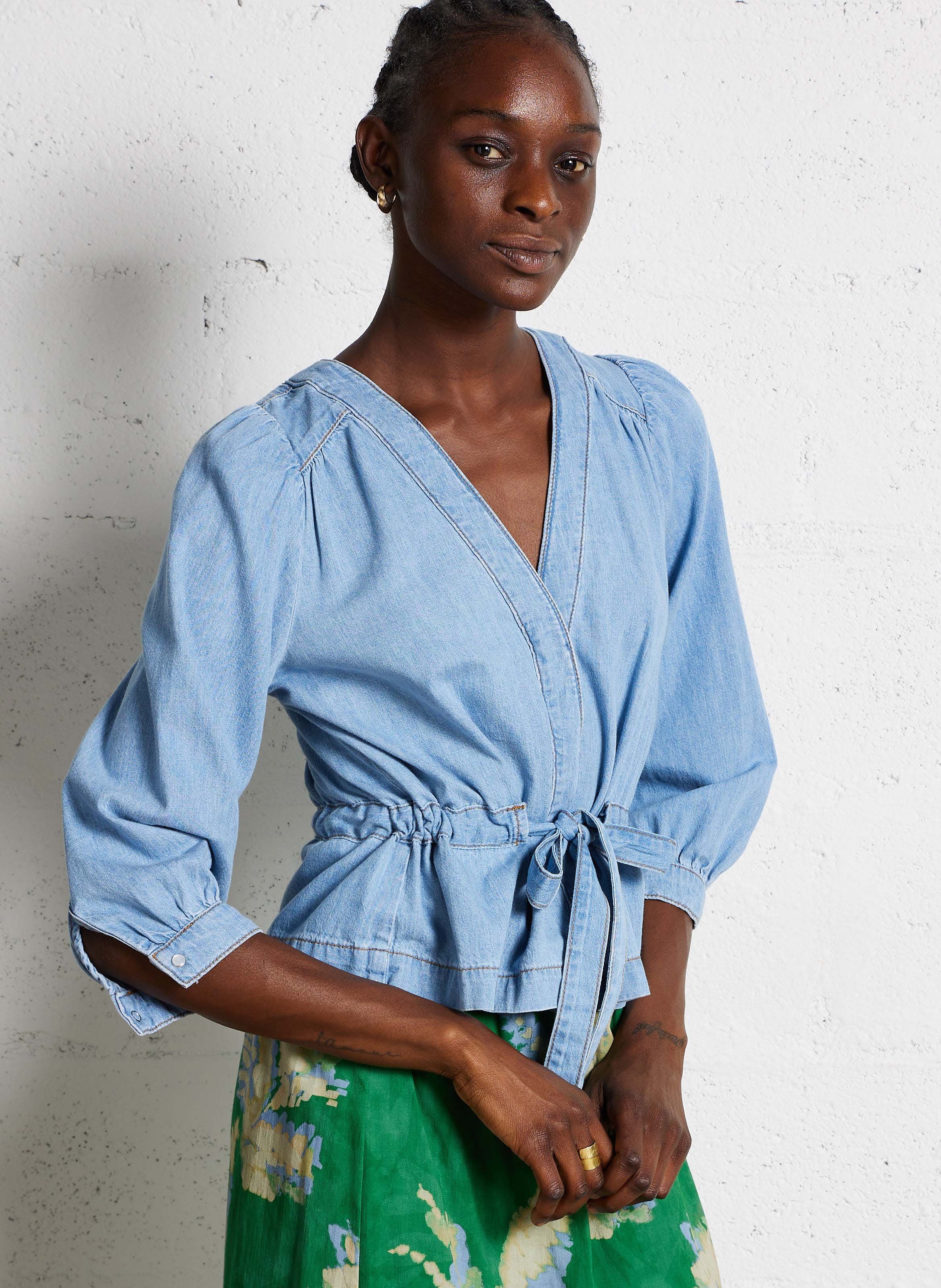 Straight cotton V-neck top BA&amp;SH Blue
