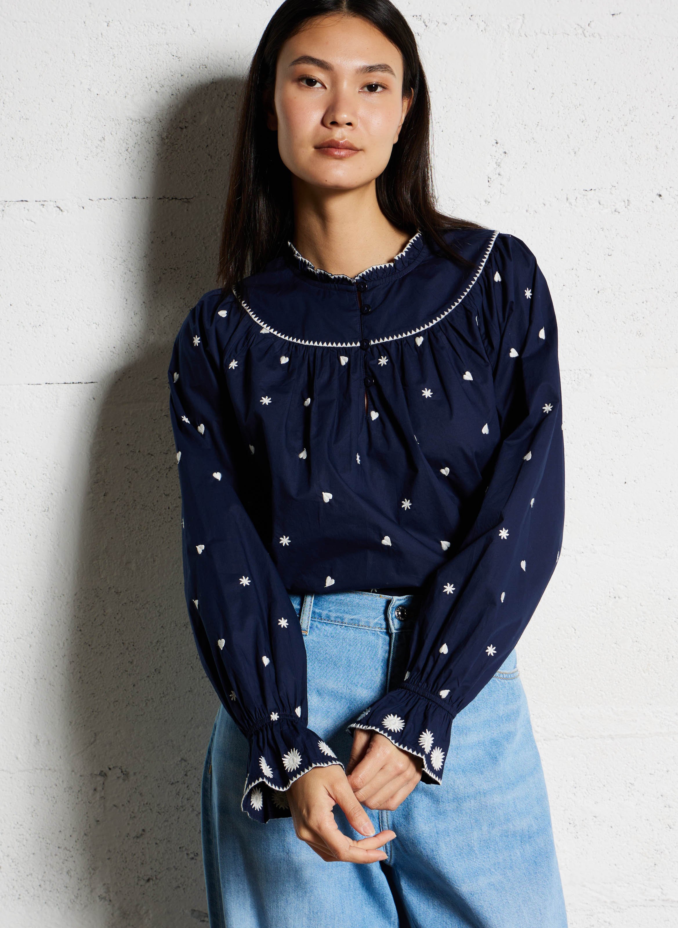 Ruim geborduurde top van biologisch katoen FABIENNE CHAPOT Blauw