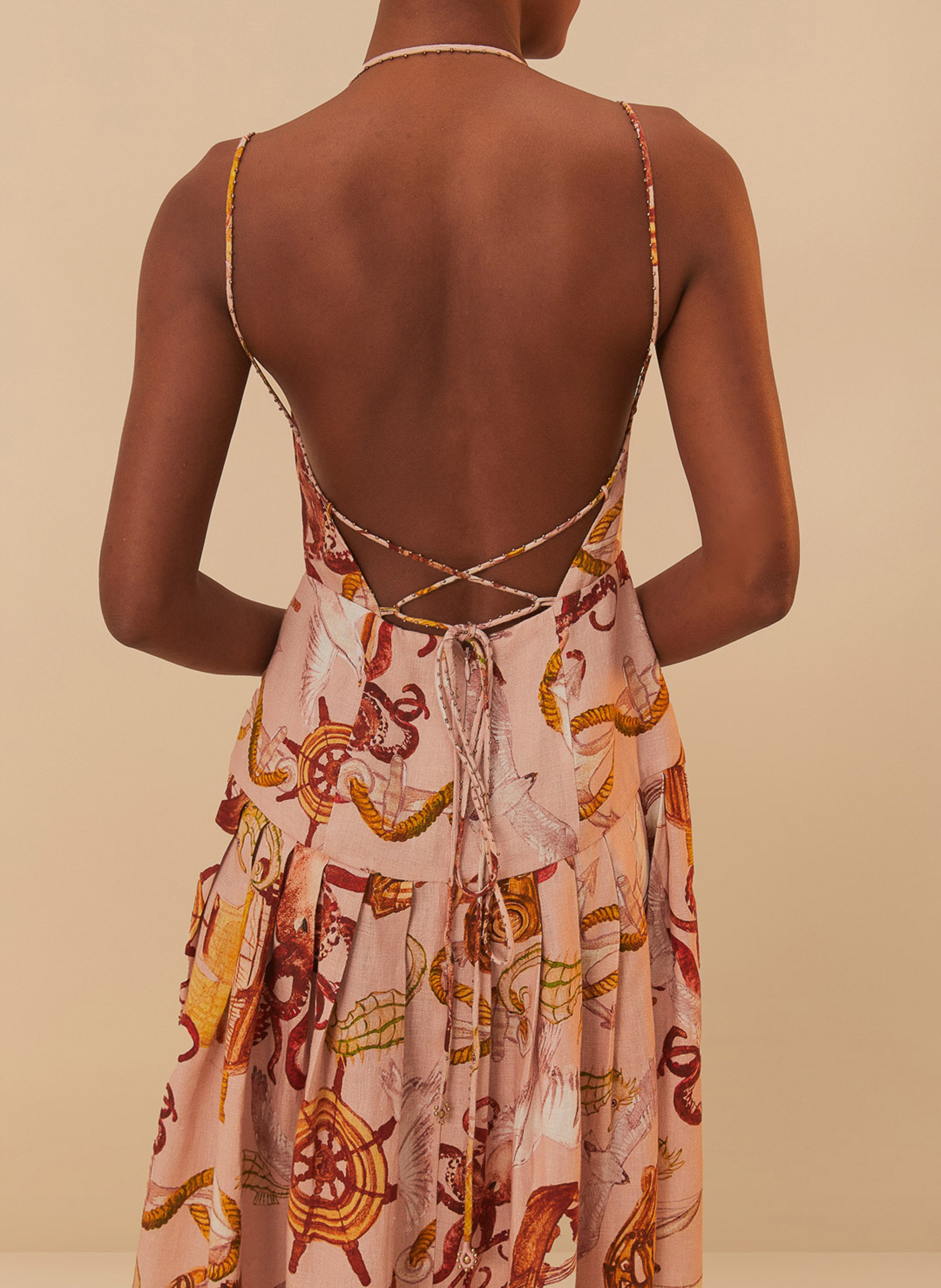 Square Neck Midi Dress in Linen Blend FARM RIO Pink