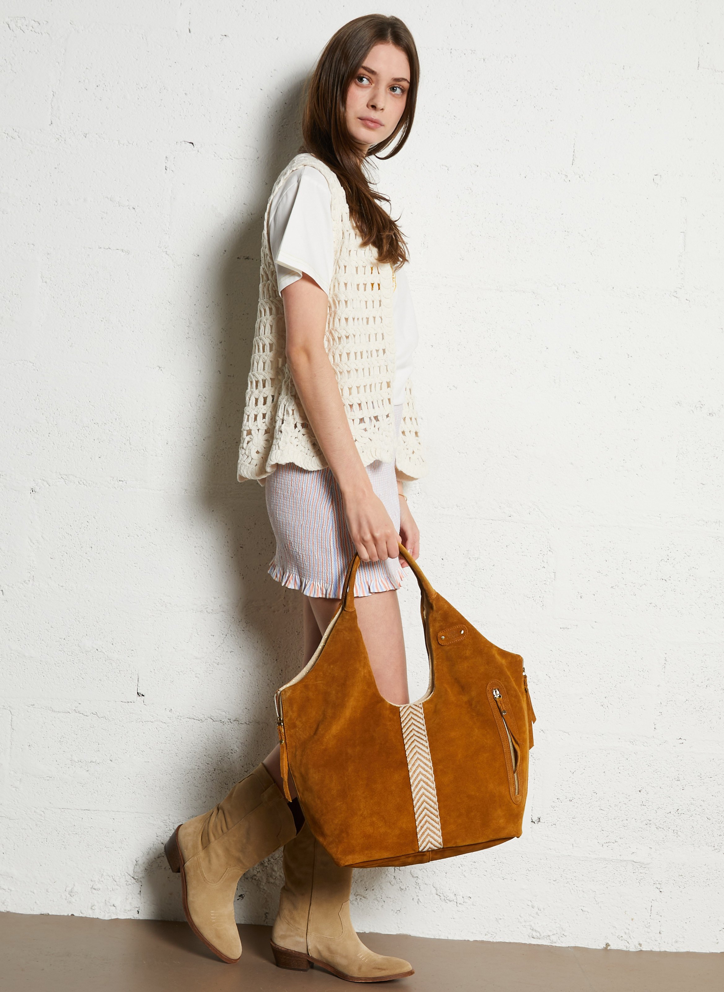 Cabas porté épaule en cuir suédé MILA LOUISE Marron