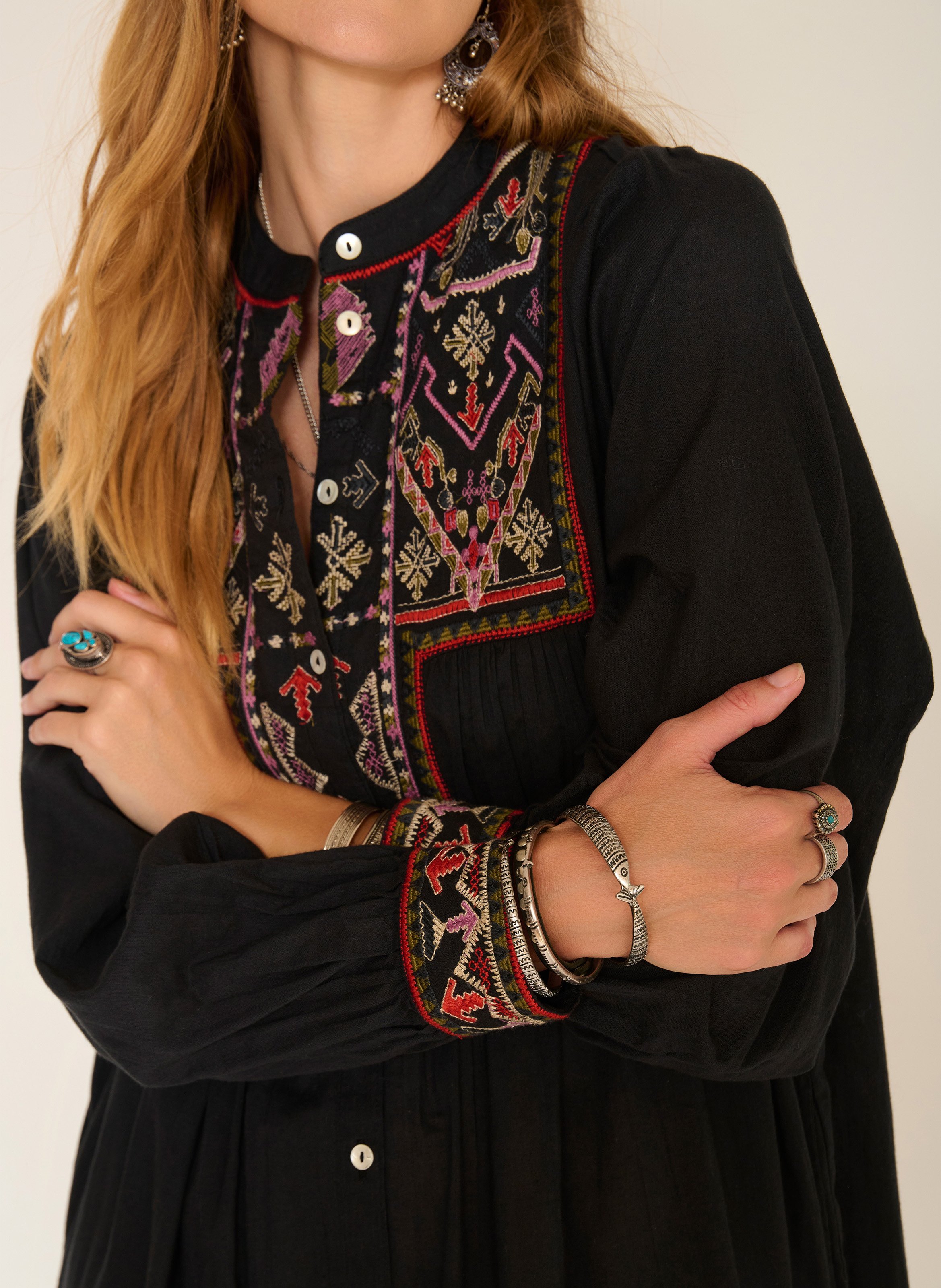 Robe midi ample à broderies en coton MKT Noir