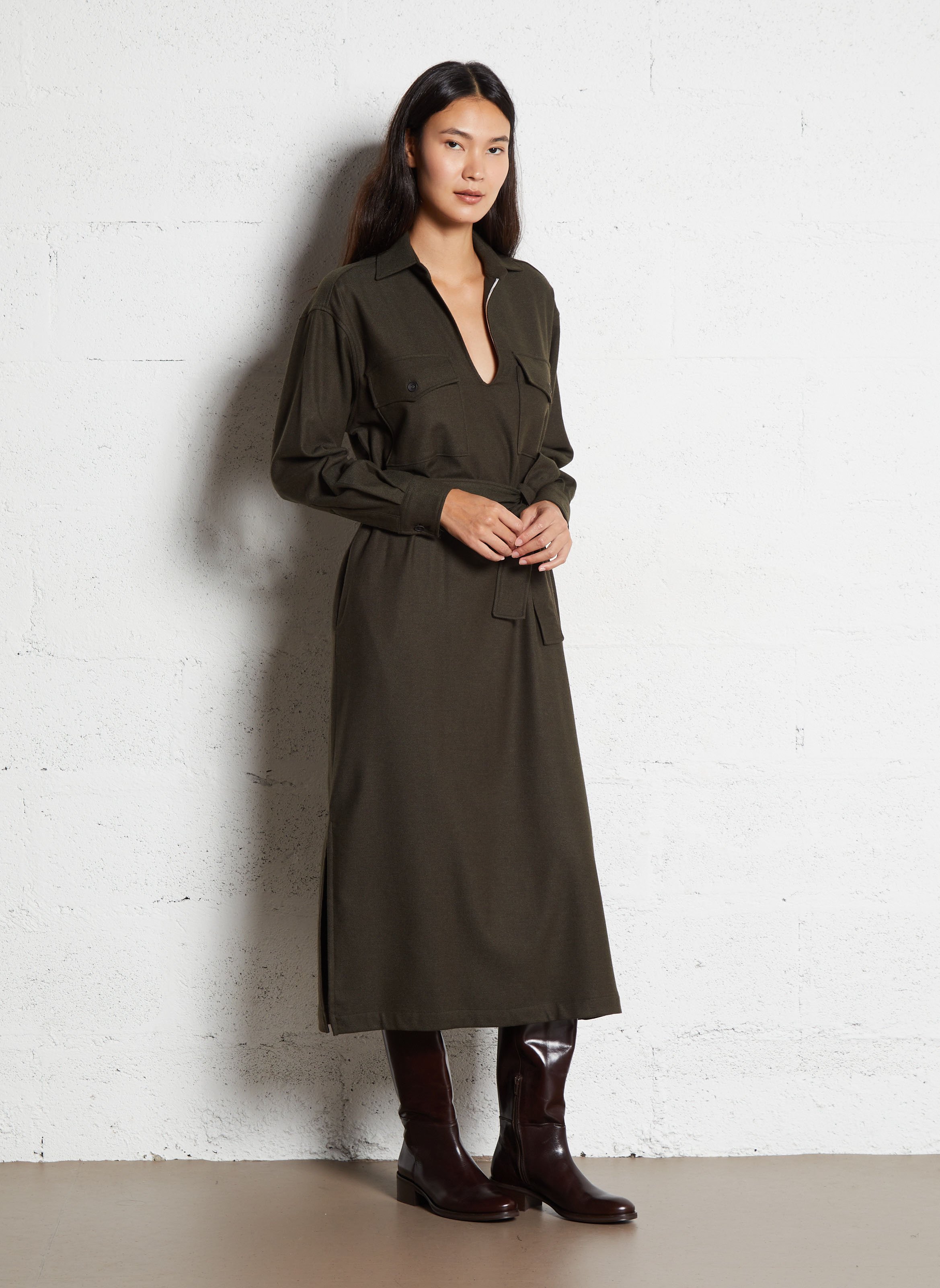 Robe midi col v à revers DIEGA Marron