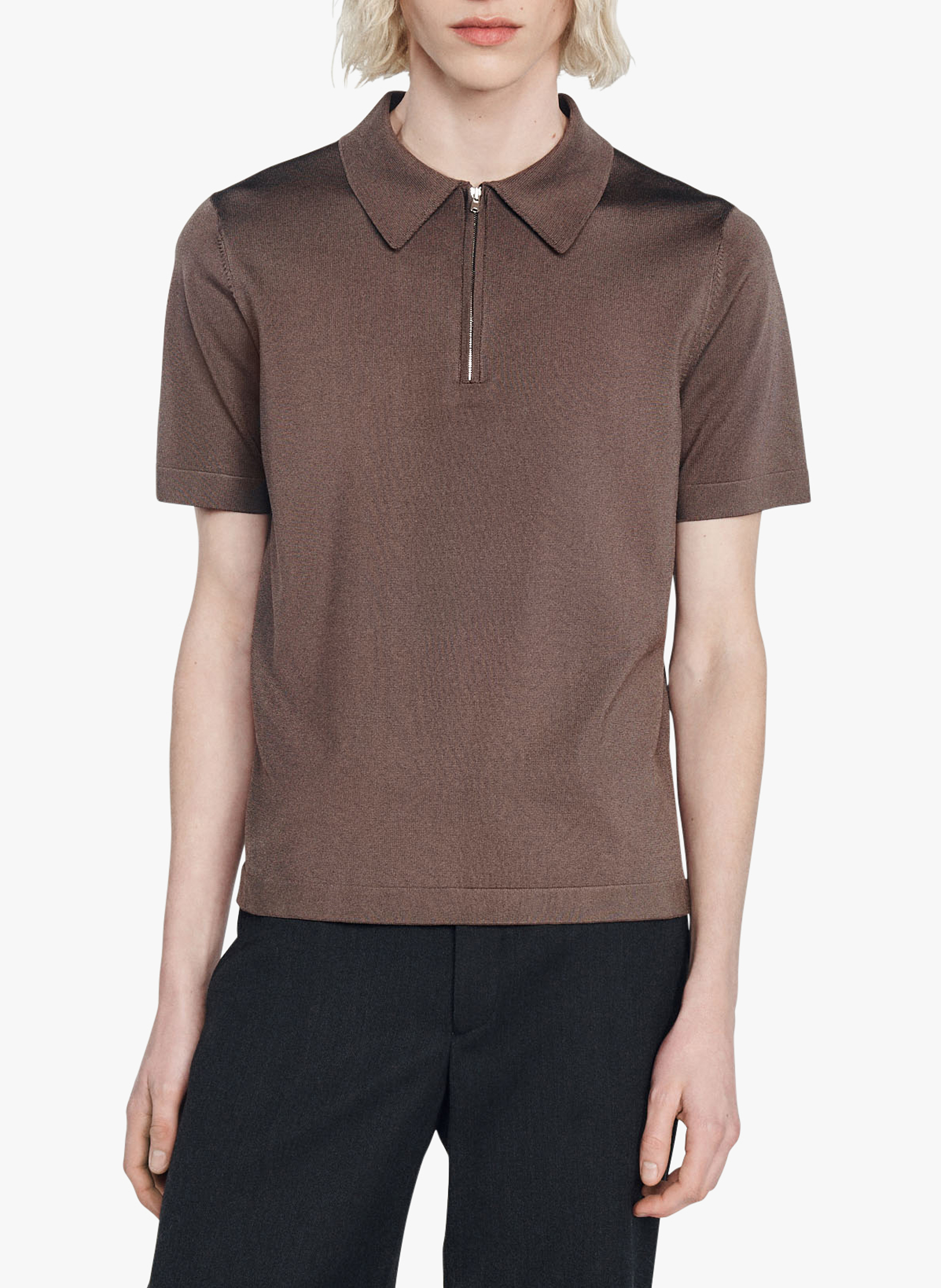 T-shirt met korte mouw en polokraagje met ritsje SANDRO Beige