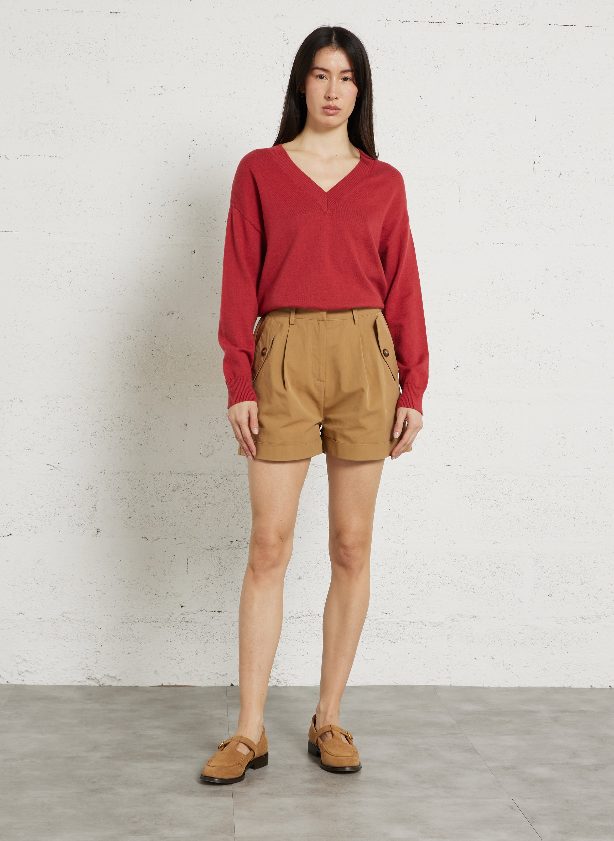 Pull col V manches longues uni SUD EXPRESS Rouge