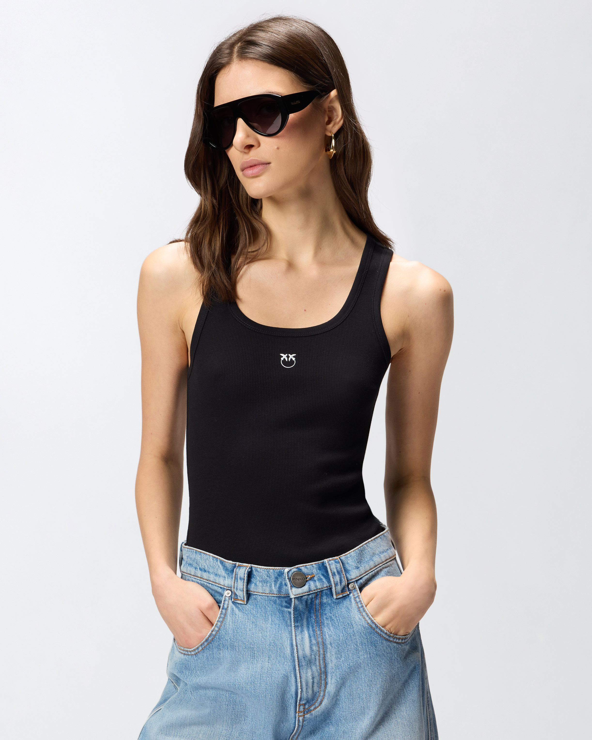 Tank top with golden love birds appliqué PINKO