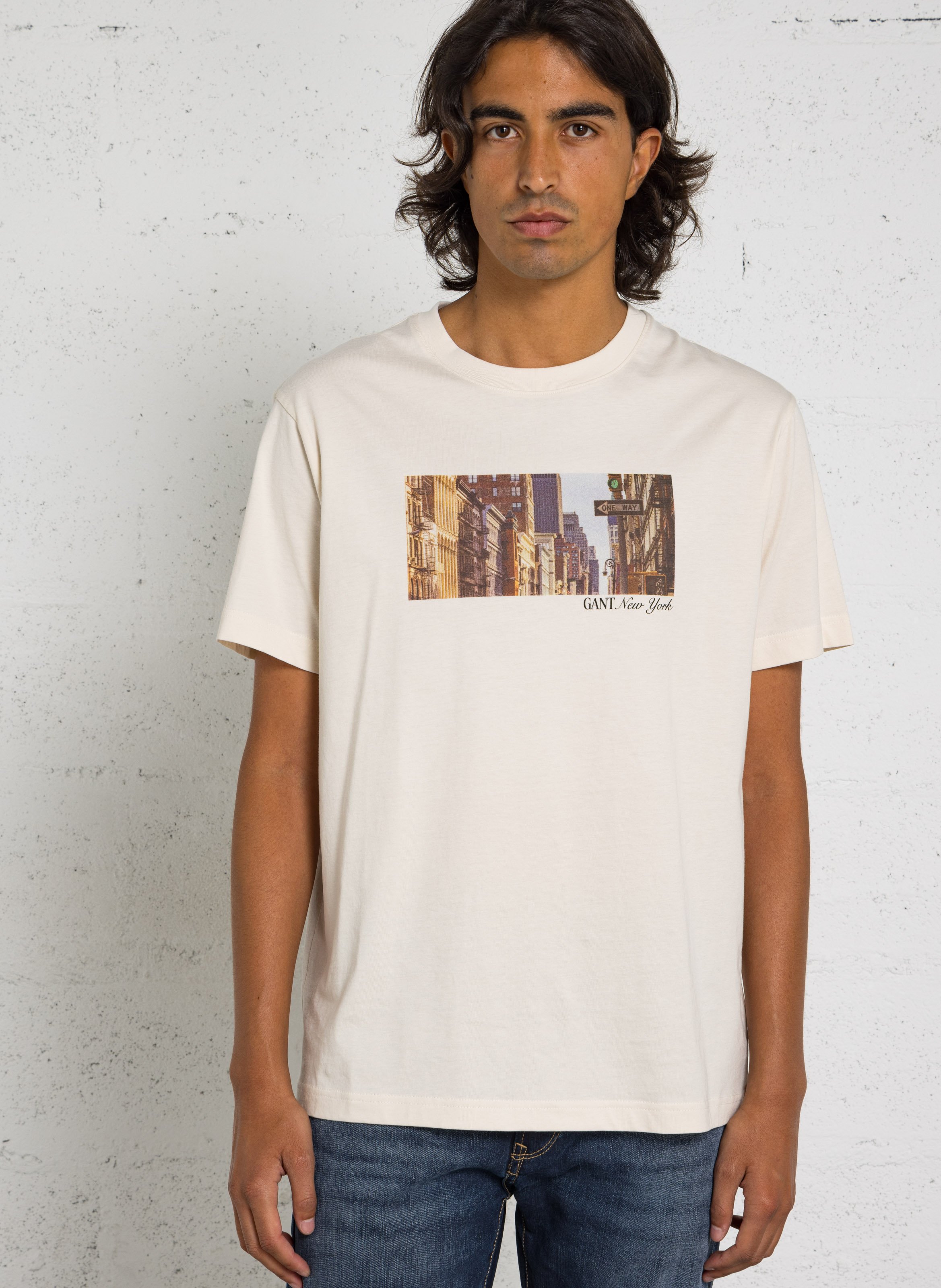 Gerader Rundhalsausschnitt T-Shirt aus bedruckter Mischbaumwolle GANT Beige