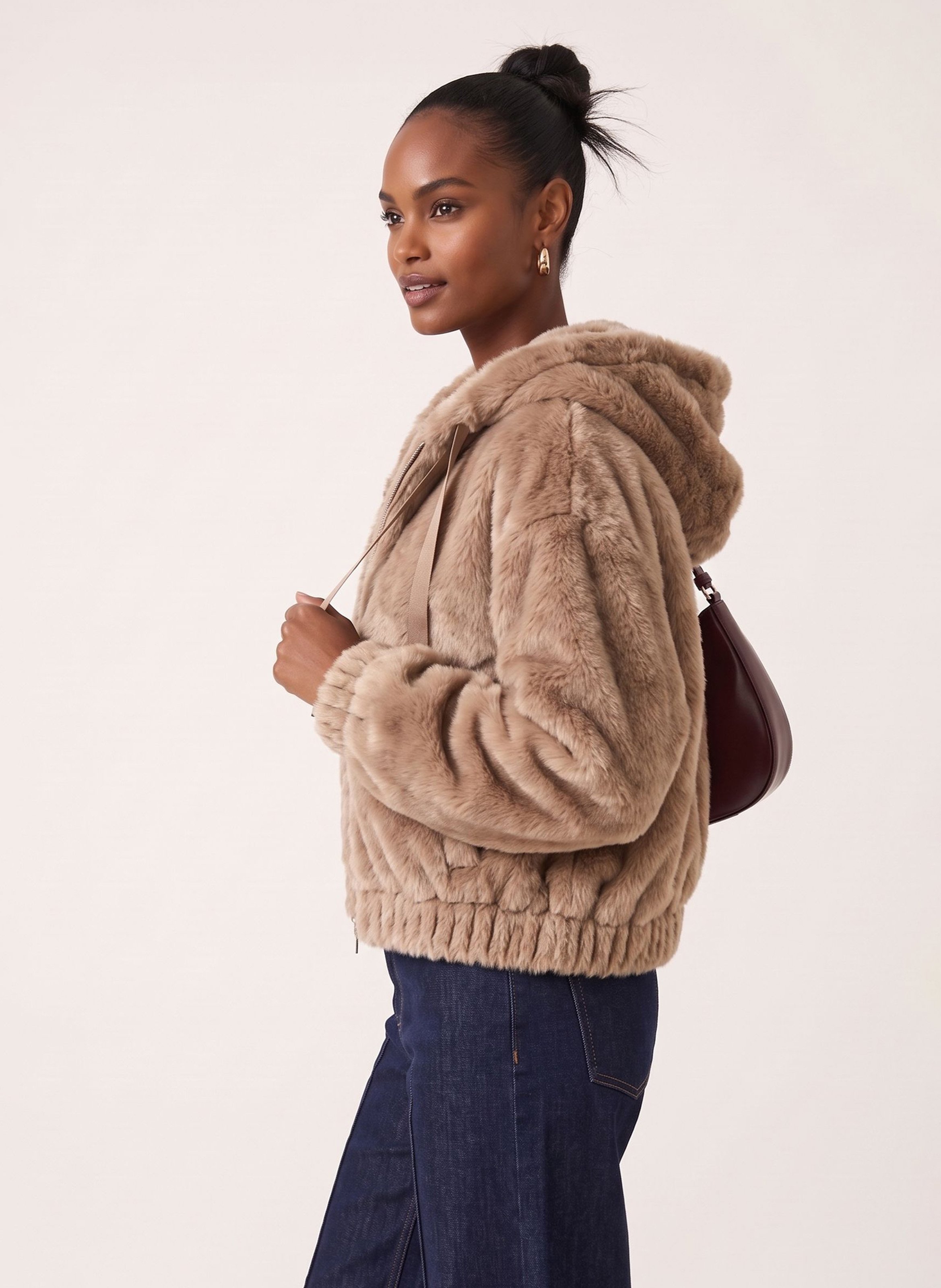 Veste droite à capuche effet fourrure KOOKAI Marron