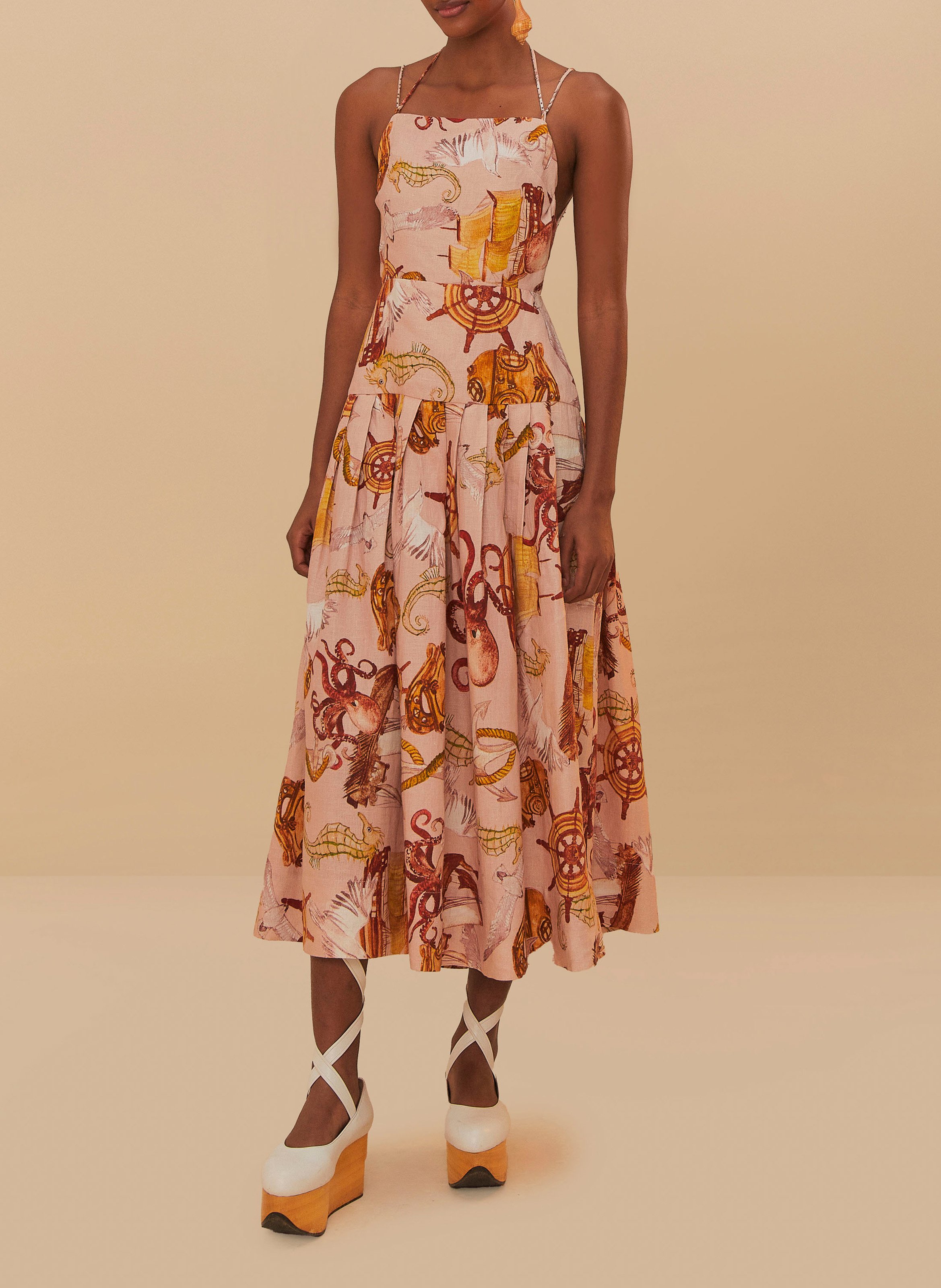 Square Neck Midi Dress in Linen Blend FARM RIO Pink