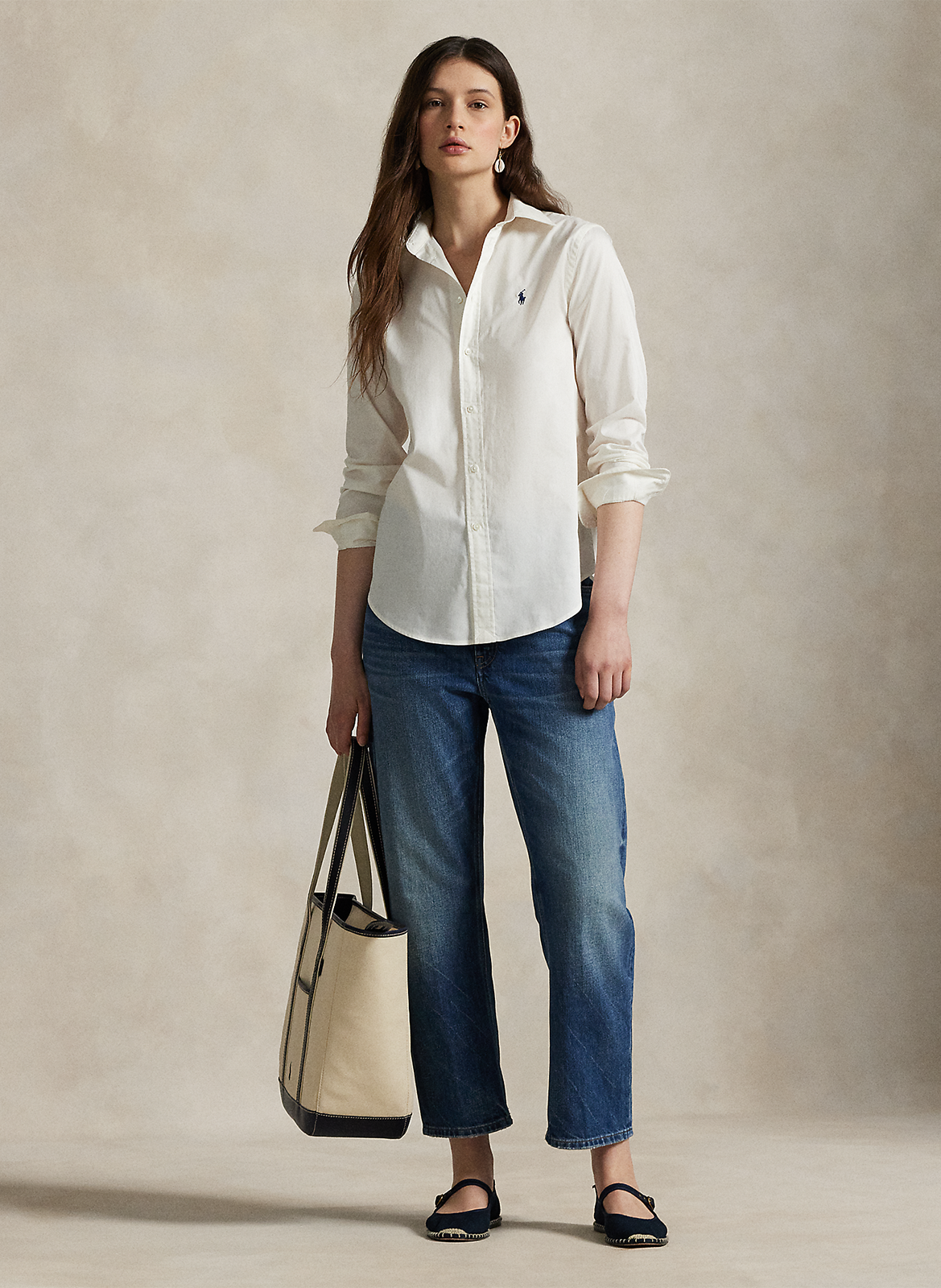 Chemise col classique manches contrastantes en coton POLO RALPH LAUREN Beige