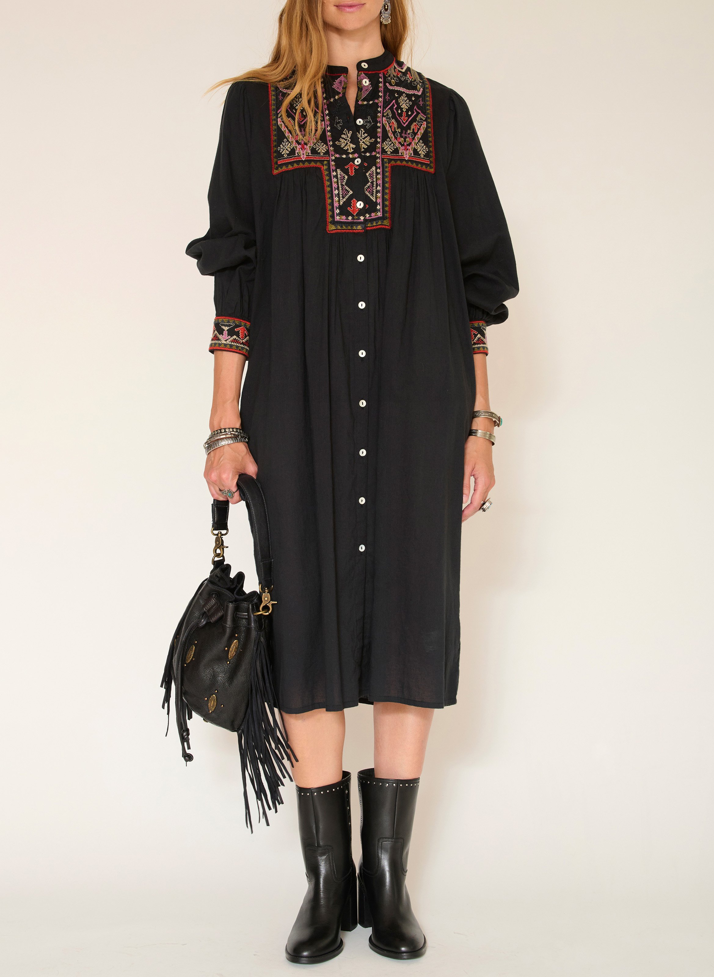 Robe midi ample à broderies en coton MKT Noir