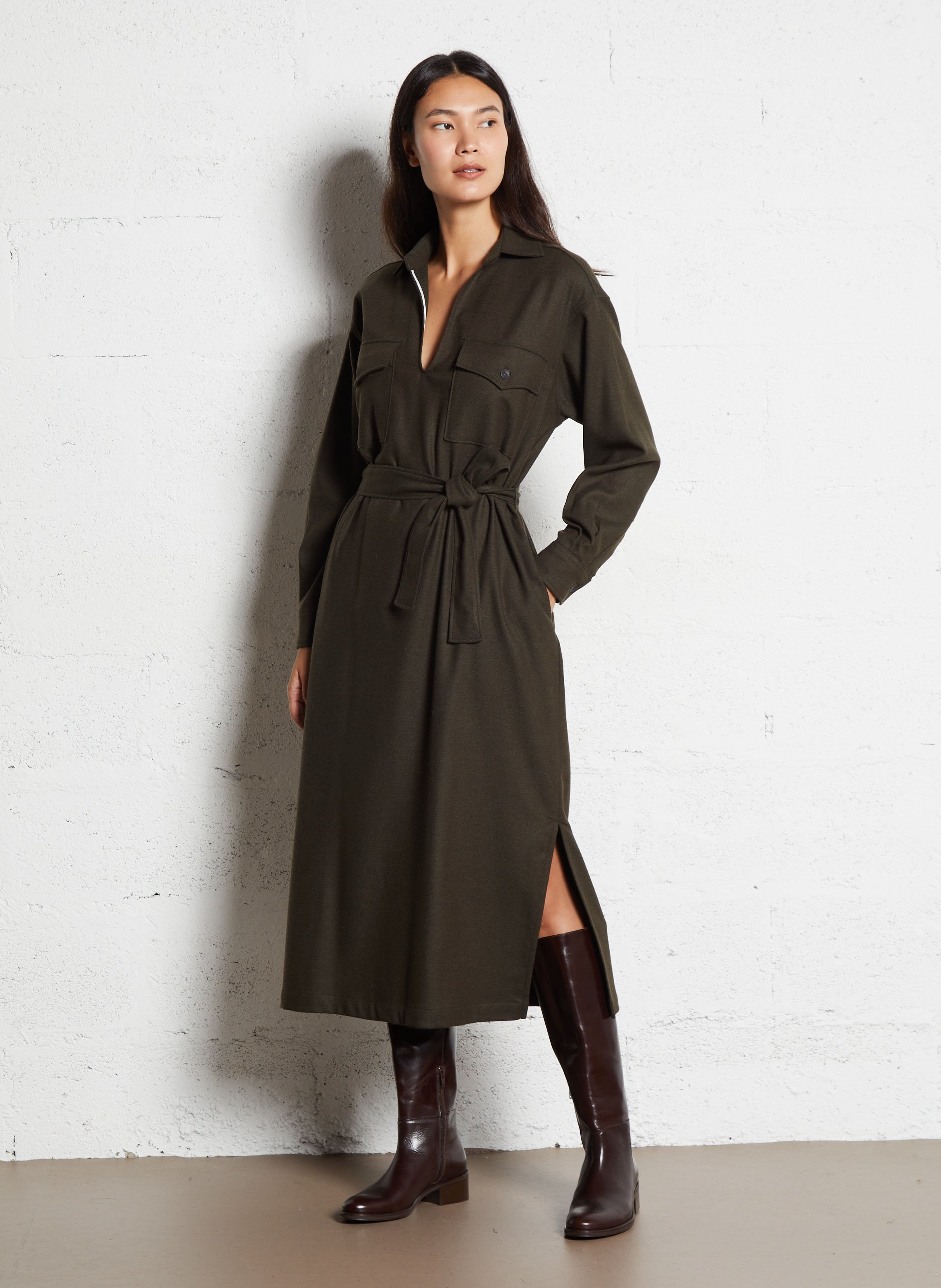 Robe midi col v à revers DIEGA Marron