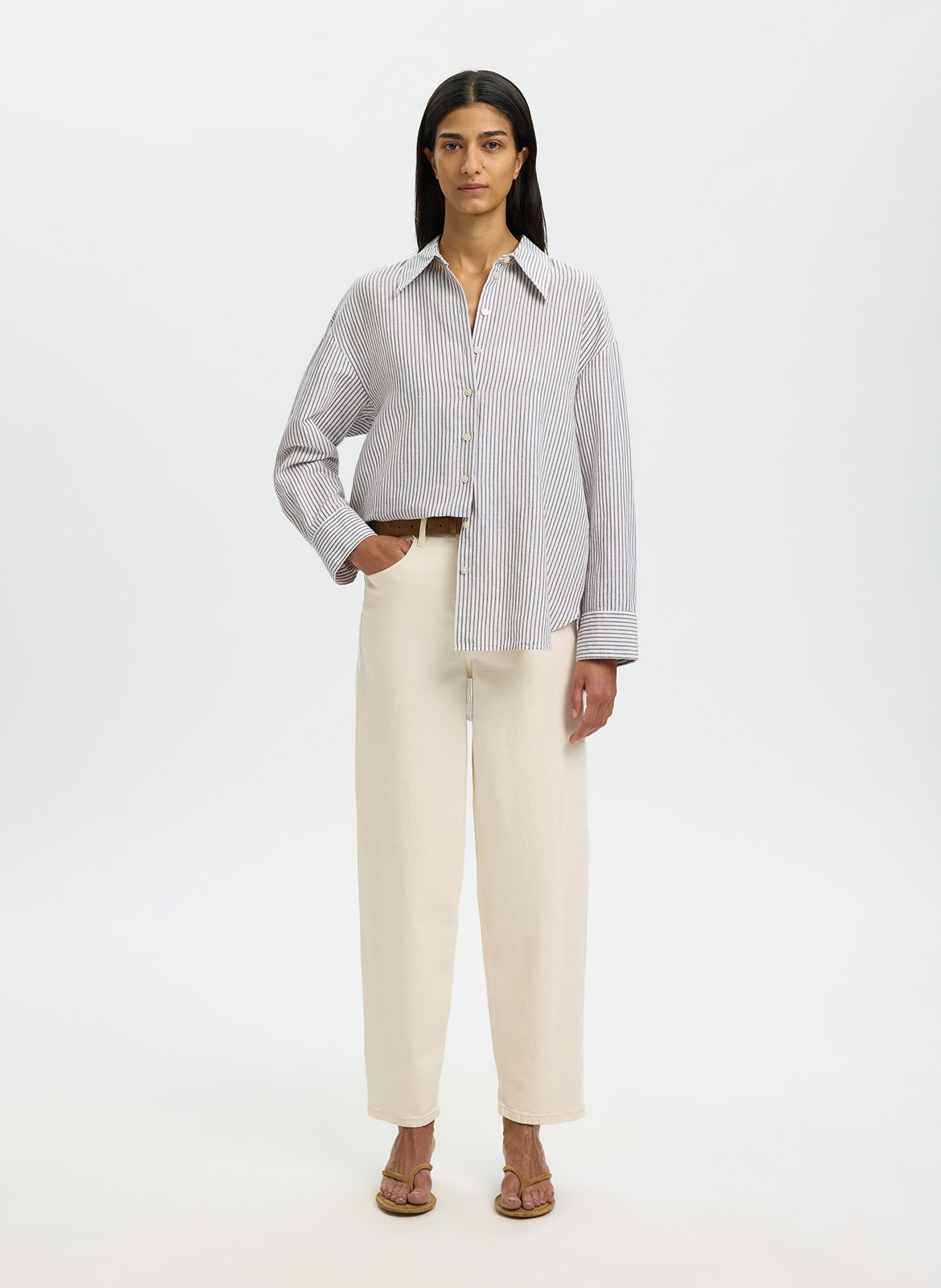 Oversized shirt with classic collar in striped blended linen SELECTED White