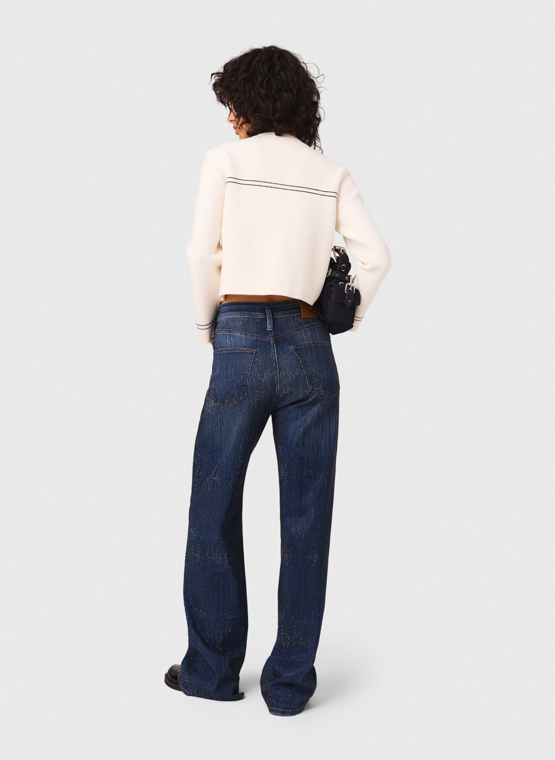 Wide leg jeans with rhinestones in blended cotton MAJE Blue