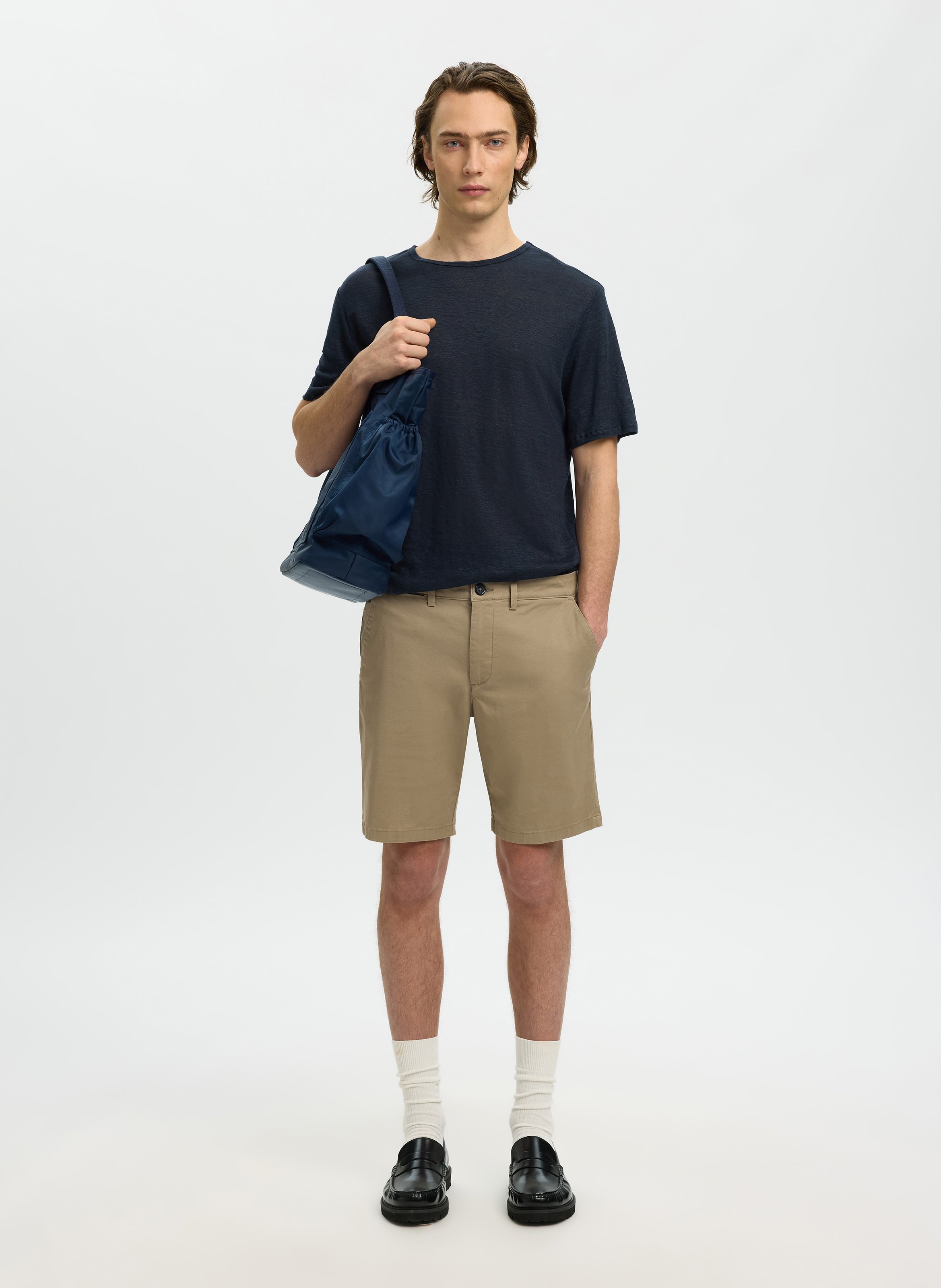 Round-neck linen T-shirt SELECTED Blue